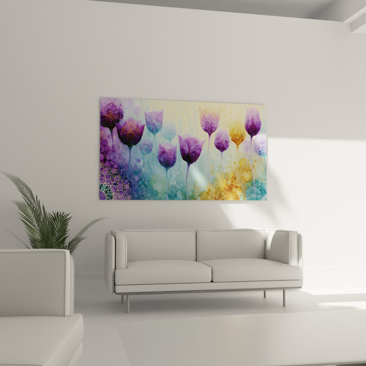 Silhouettes de tulipes dorées et violettes dominent un canapé dans un salon lumineux
