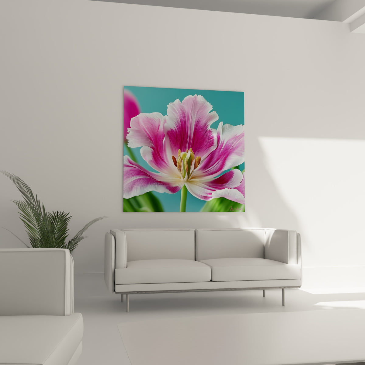Fleur de tulipe rose et turquoise en pleine éclosion, au-dessus d'un canapé dans un salon lumineux