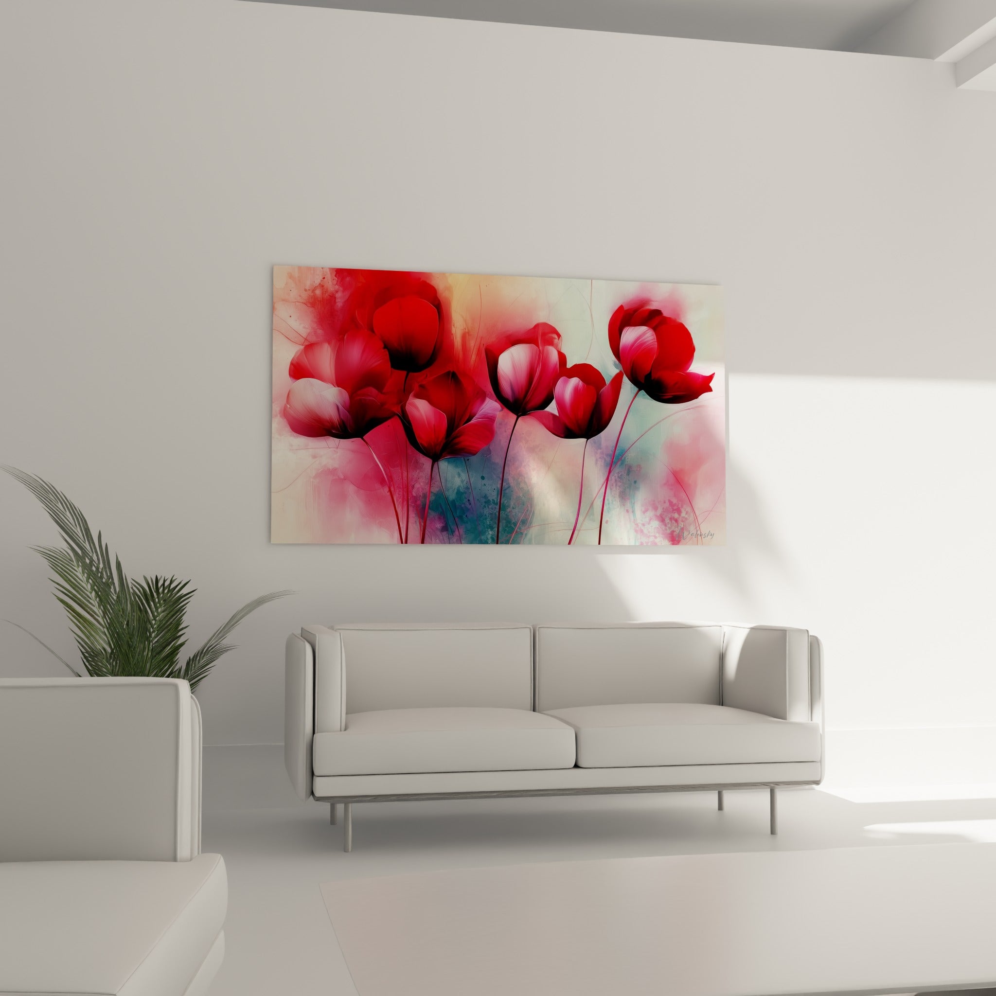 Bouquet de tulipes cramoisi et turquoise pastel, suspendu au-dessus d'un canapé dans un salon lumineux