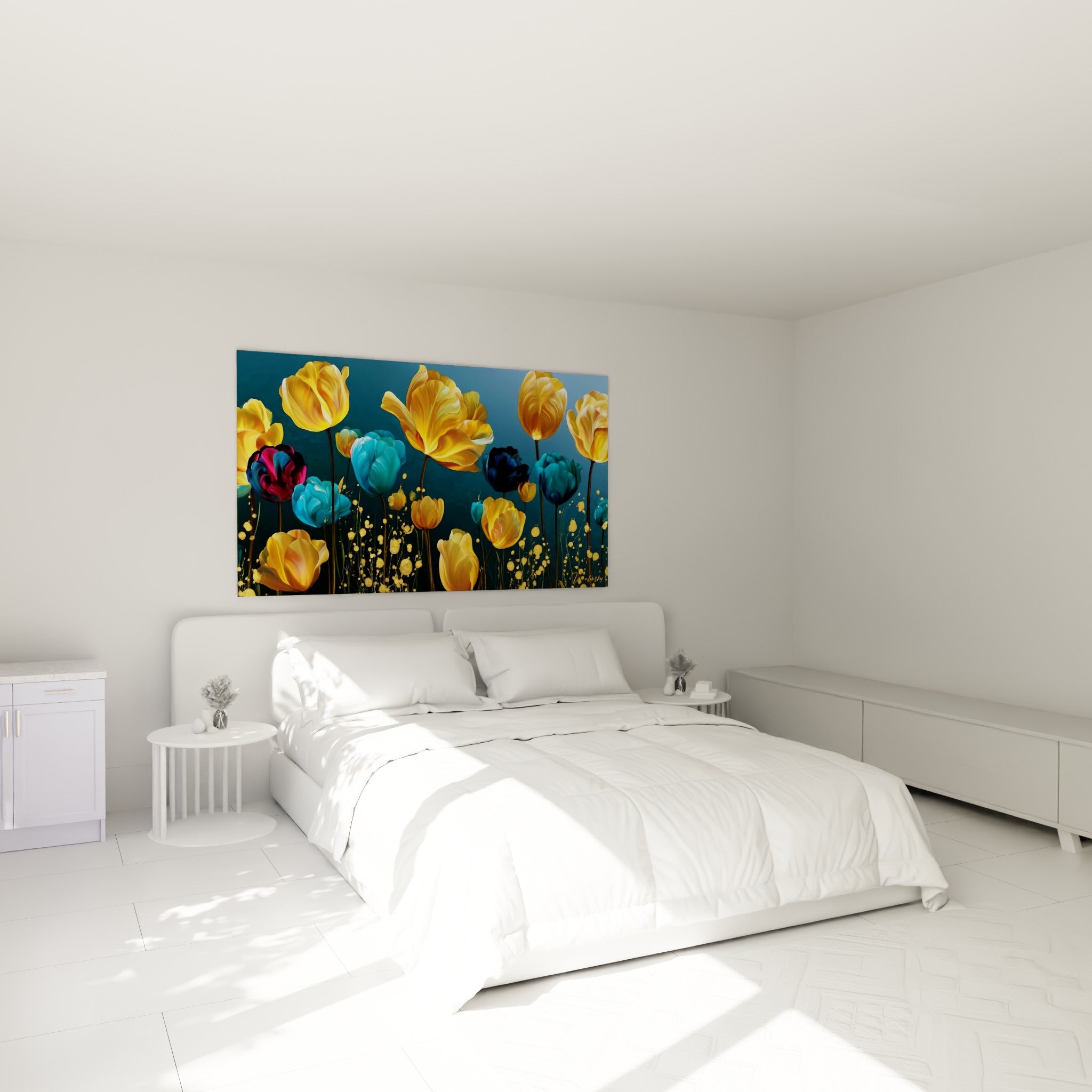 Tulipes dorées et turquoise éclatantes au-dessus d'un lit dans une chambre claire
