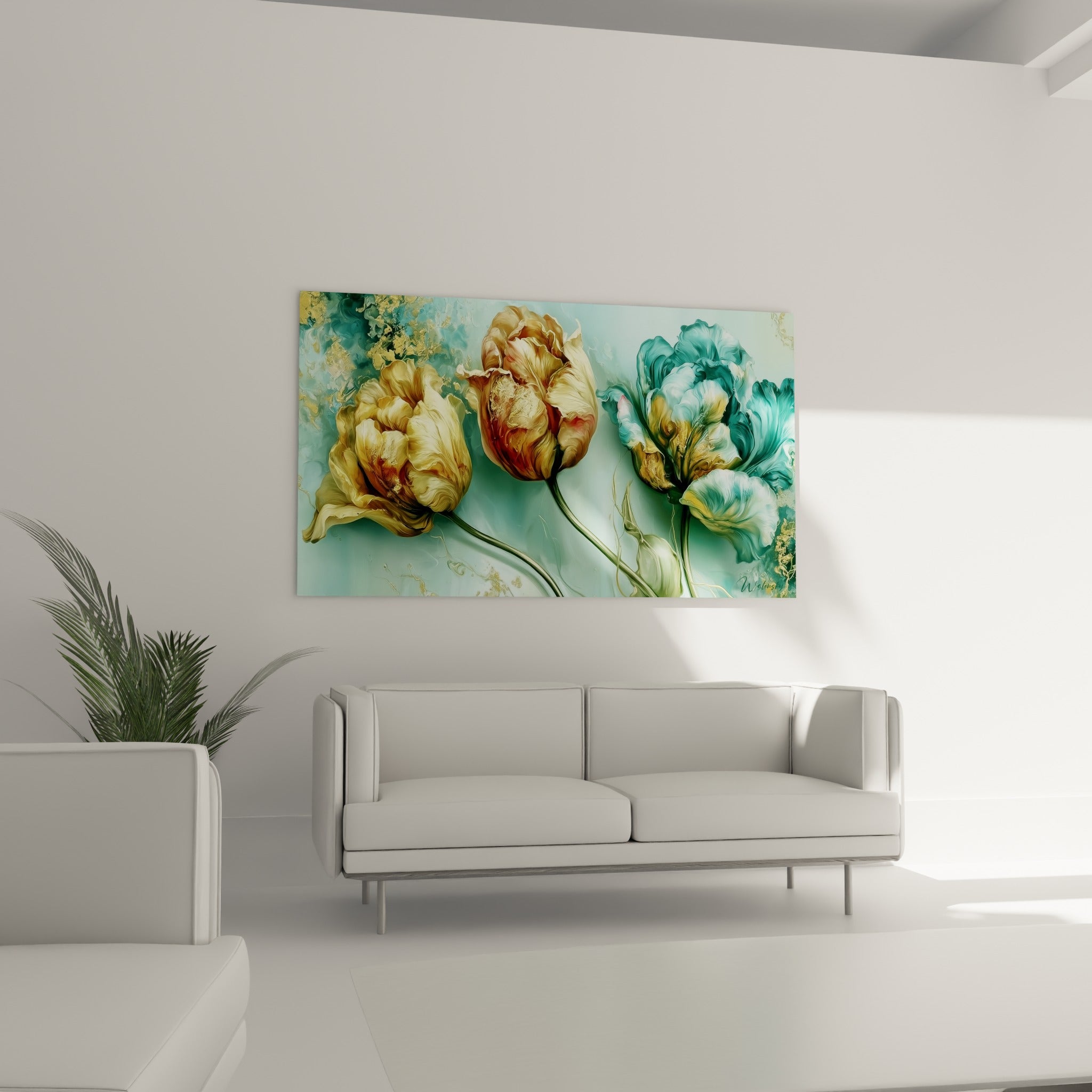 Tulipes dorées aux nuances cuivrées et turquoise profond, disposées au-dessus d'un canapé dans un salon lumineux