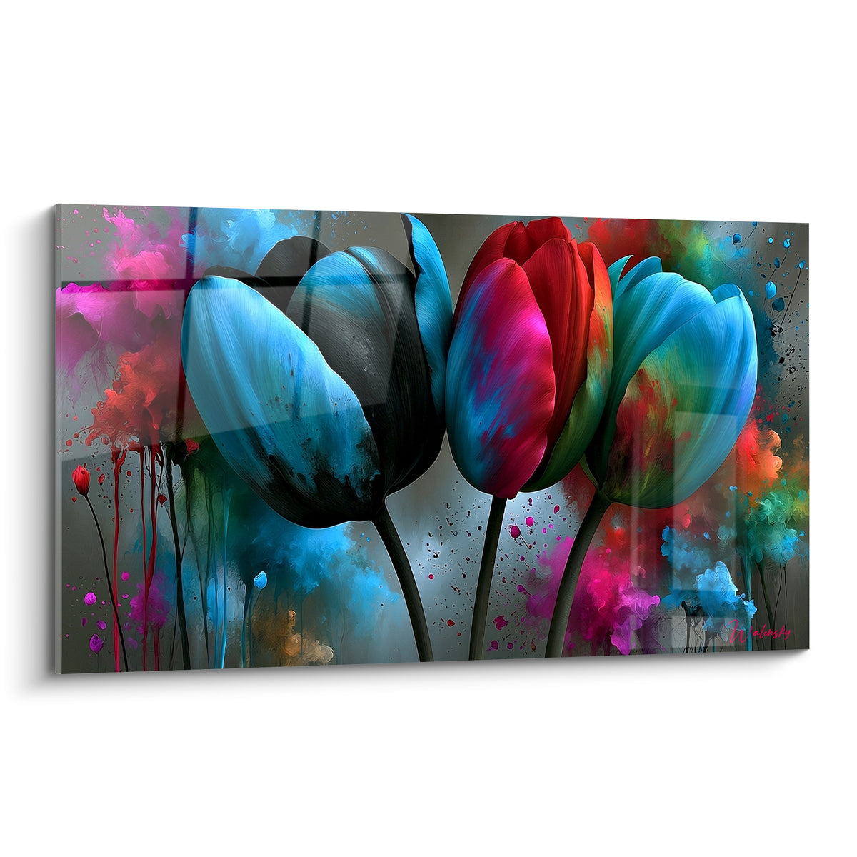 Tulipes turquoise et rouge éclaboussées de peinture rose et bleue sur fond anthracite