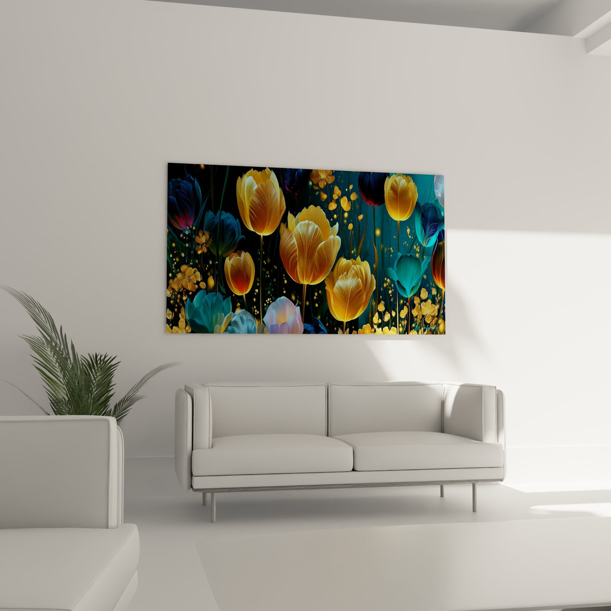 Fleurs de tulipes jaune doré et turquoise disposées au-dessus d'un canapé dans un salon lumineux