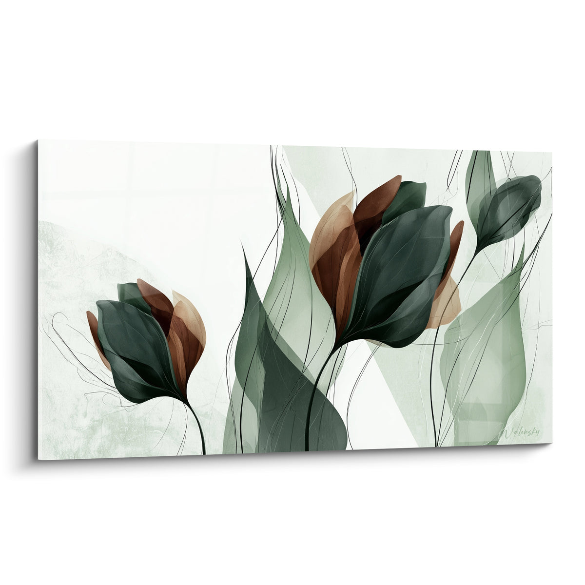 Trois tulipes vert sapin et brun cuivré aux pétales translucides sur fond clair graphique