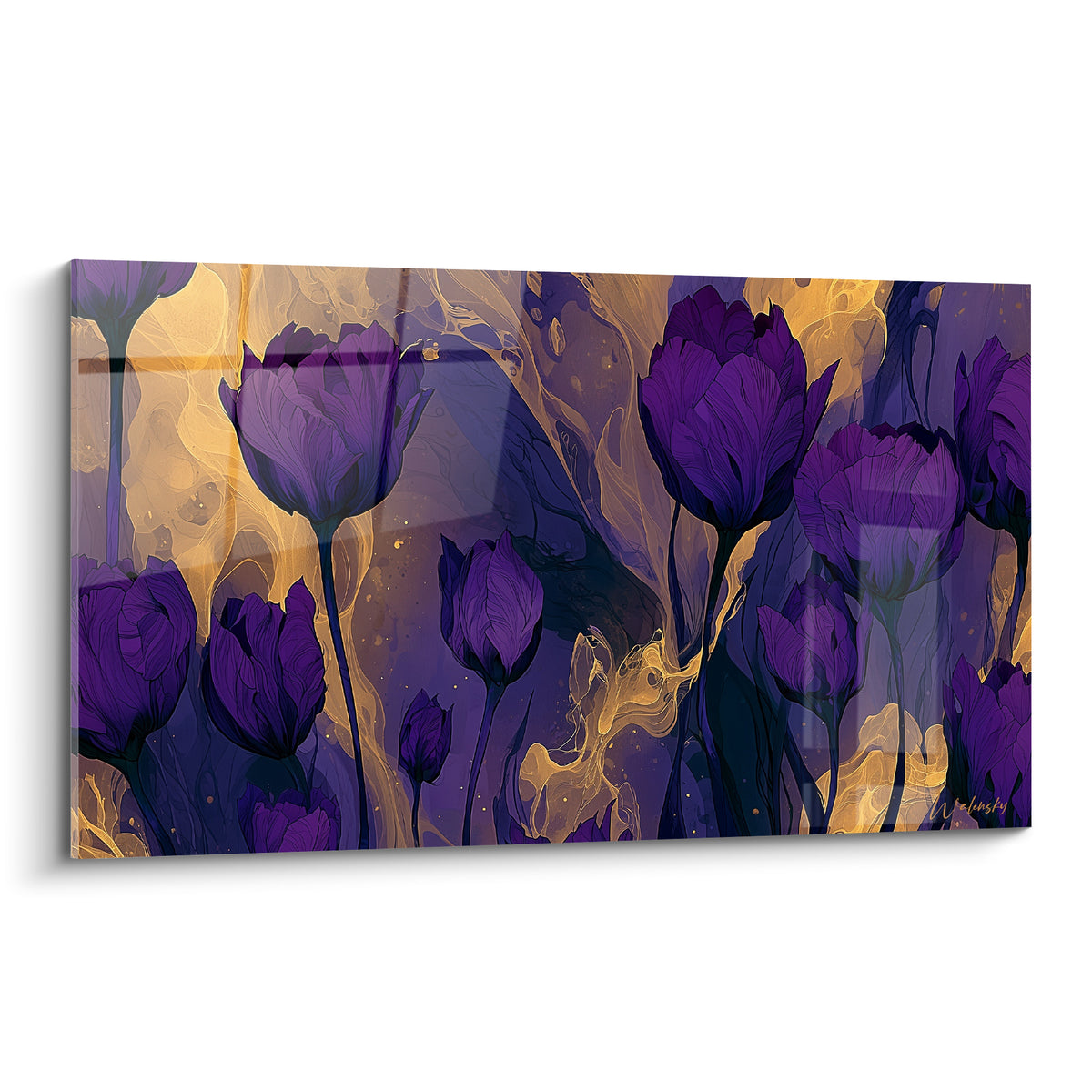 Tulipes violettes aux pétales détaillés traversées de volutes dorées fluides sur fond sombre