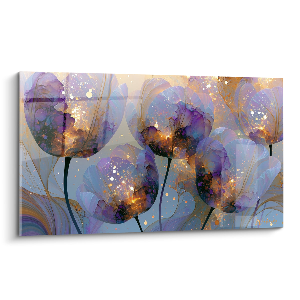 Tulipes translucides violettes et dorées scintillantes sur fond bleu pastel dégradé, style aquarelle