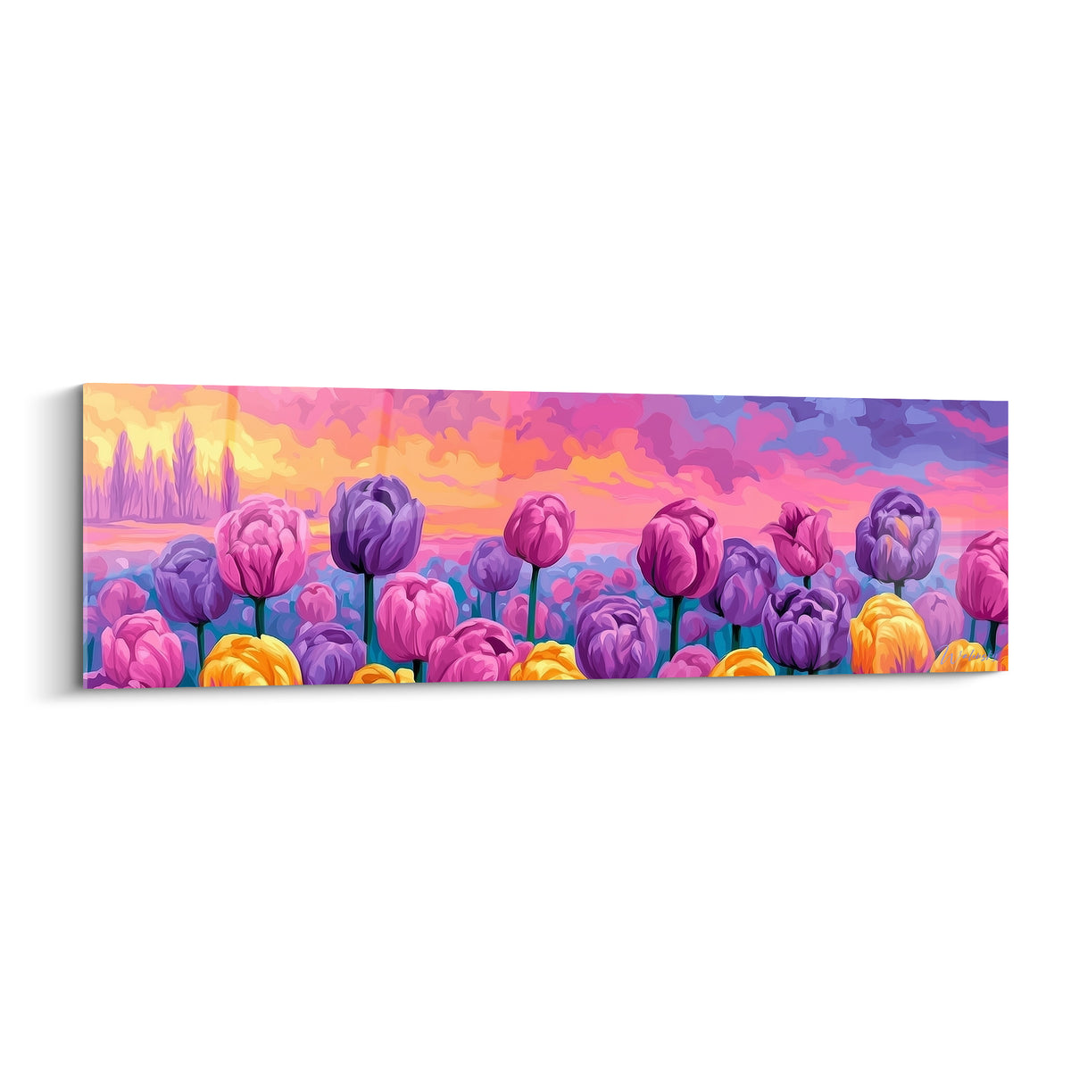 Tulipes violettes et oranges dressées sous un ciel rose et pourpre au crépuscule