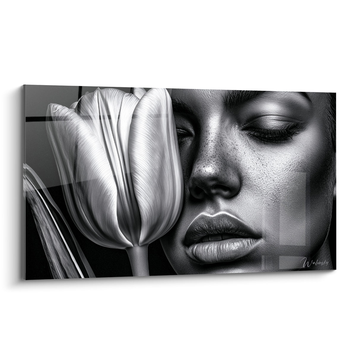 Visage féminin gris anthracite et tulipe blanche en gros plan photoréaliste noir et blanc