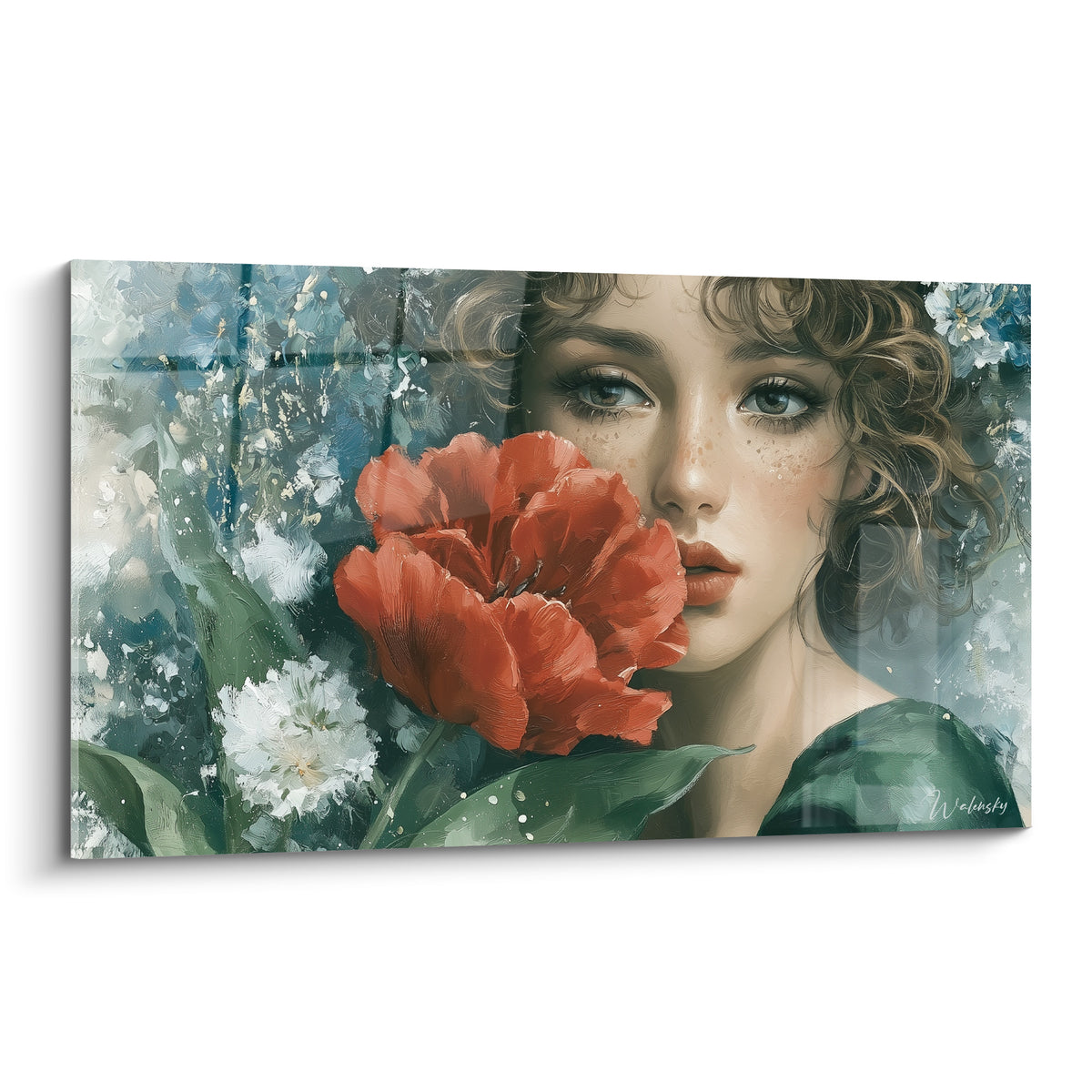 Tulipe rouge et visage aux boucles brunes se mêlent sur fond bleu pastel et vert sauge