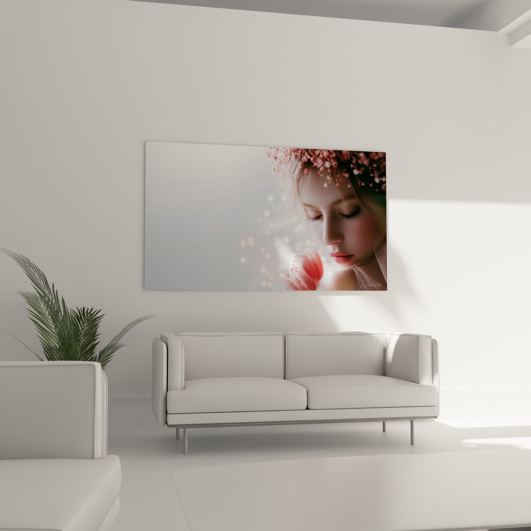 Visage baissé entouré de fleurs roses et blanches, tulipe en main, au-dessus d'un canapé dans un salon lumineux.
