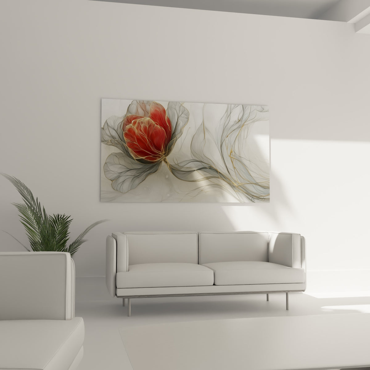 Fleur rouge vaporeuse entourée de volutes grises et dorées au-dessus d'un canapé dans un salon lumineux