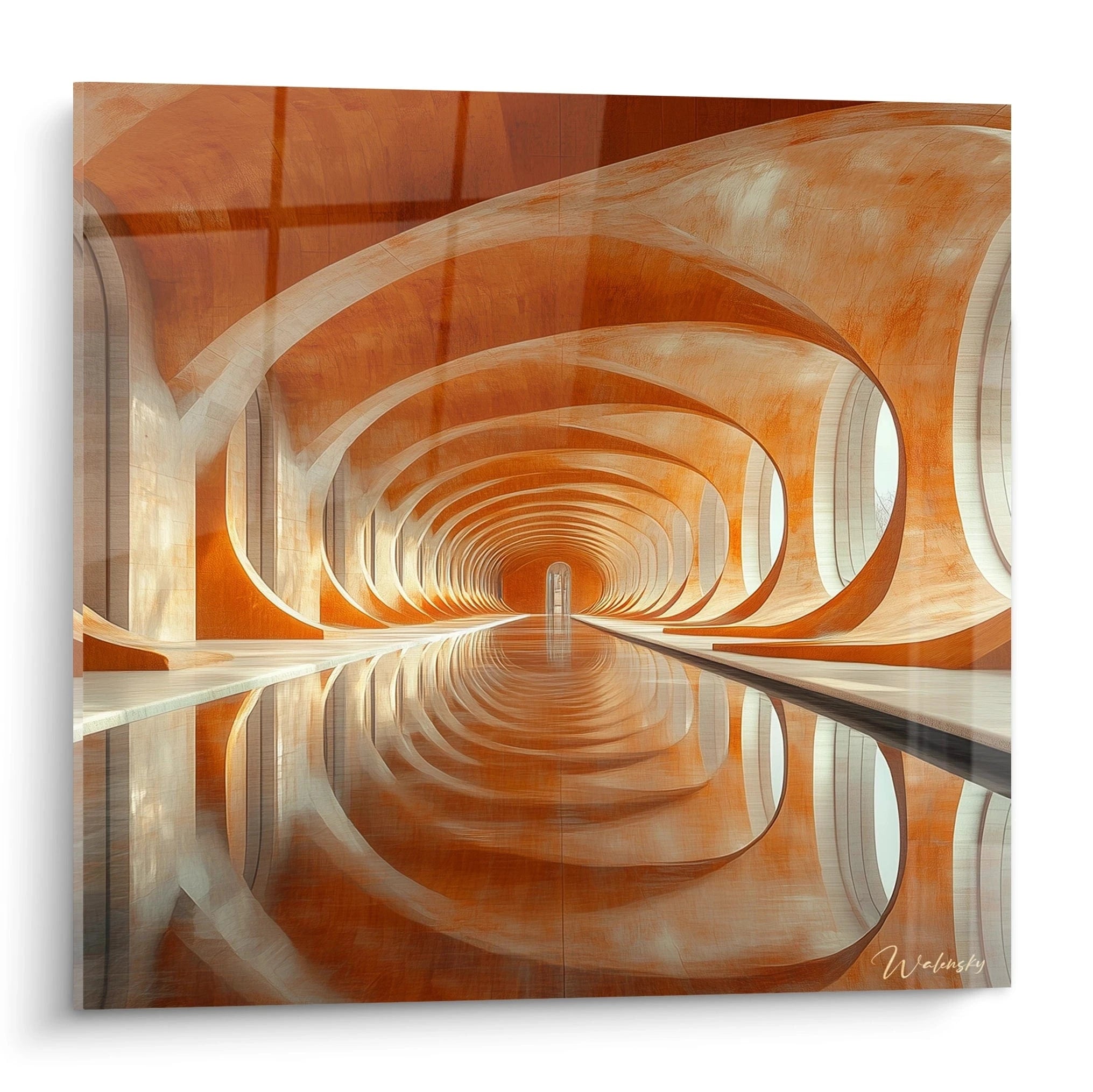 Tableau moderne abstrait de Walensky représentant un espace architectural aux couleurs terreuses et reflets harmonieux