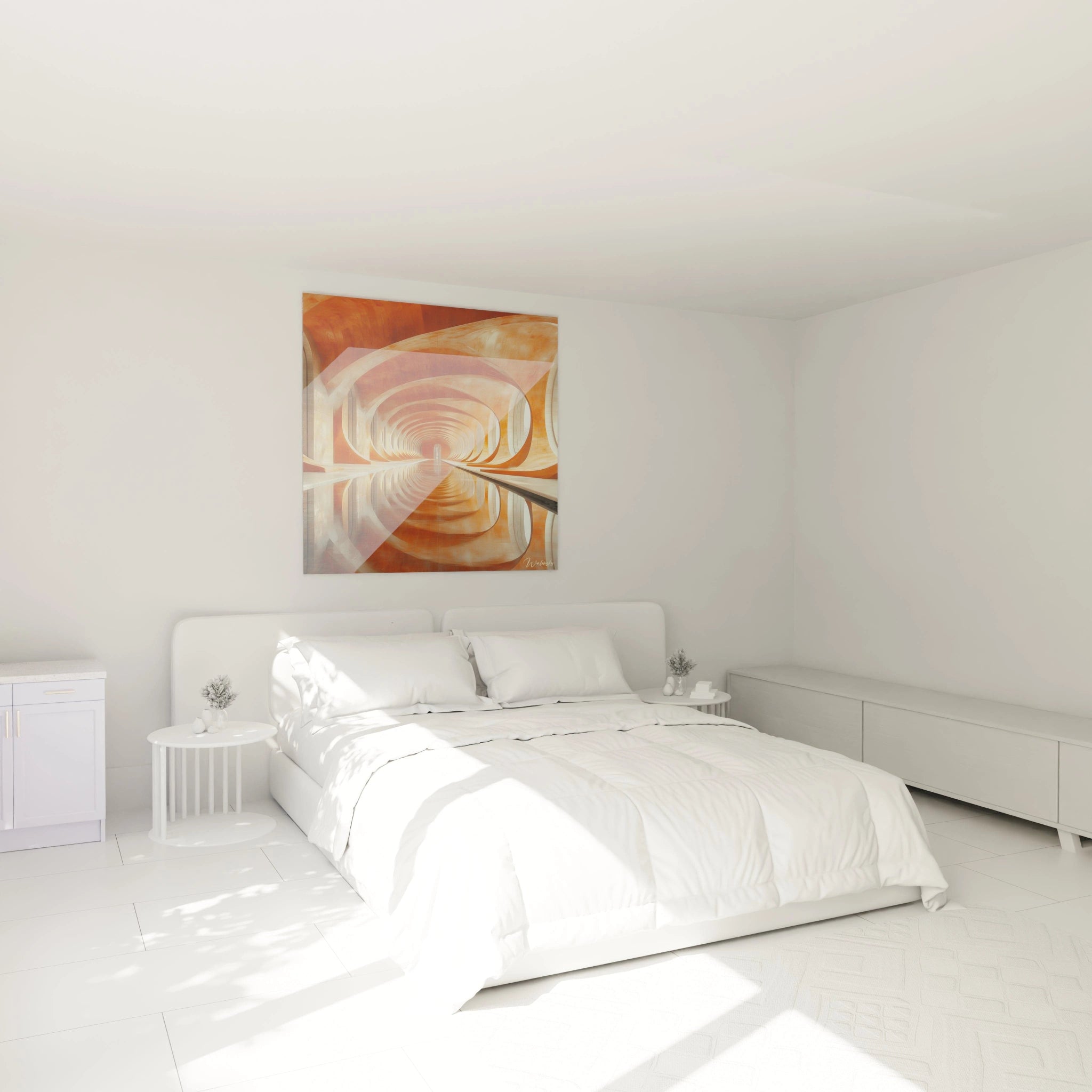 Tableau moderne abstrait de Walensky avec des nuances orange et blanches dans une chambre lumineuse