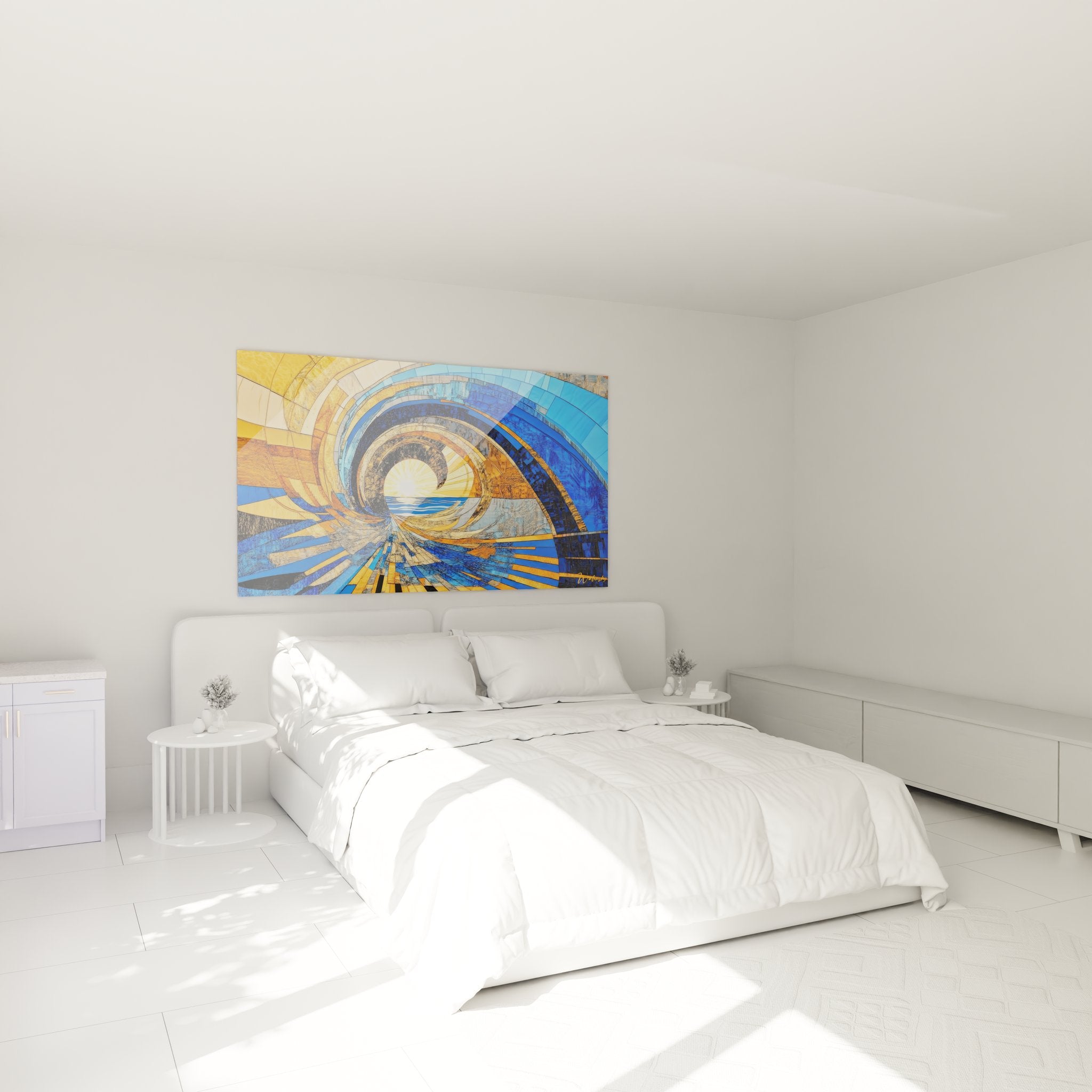 Tableau tunnel temporel doré dans chambre moderne avec spirales abstraites bleues