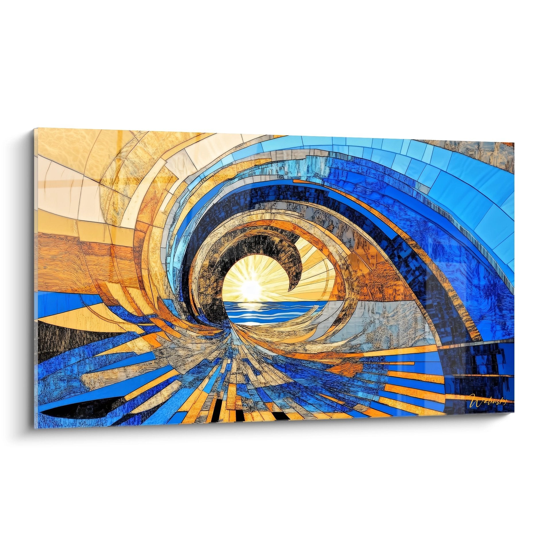 Tableau mural spirale abstrait tunnel temporel doré avec rayons cosmiques bleus et dorés