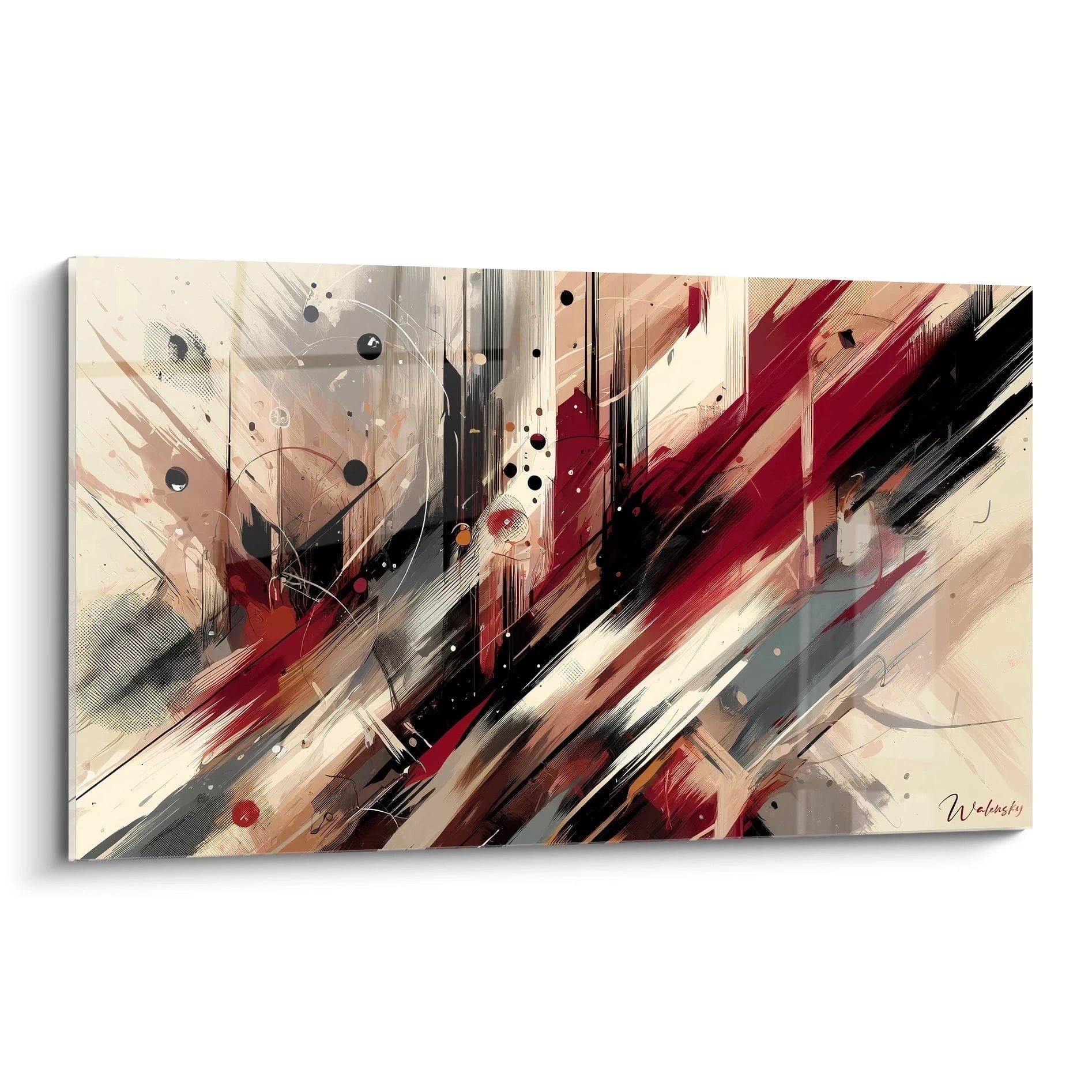 Tableau abstrait dynamique composé de lignes obliques en rouge sang, noir profond et gris neutre. Textures de traits verticaux striés, éclaboussures ponctuelles, superpositions de couches picturales avec effets de transparence.