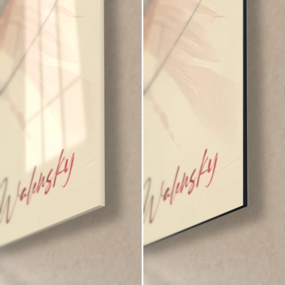 Wall art with a carmine line on a cream background, bottom right corner: glossy acrylic glass on the left, matte black Dibond on the right, 3 mm edge
