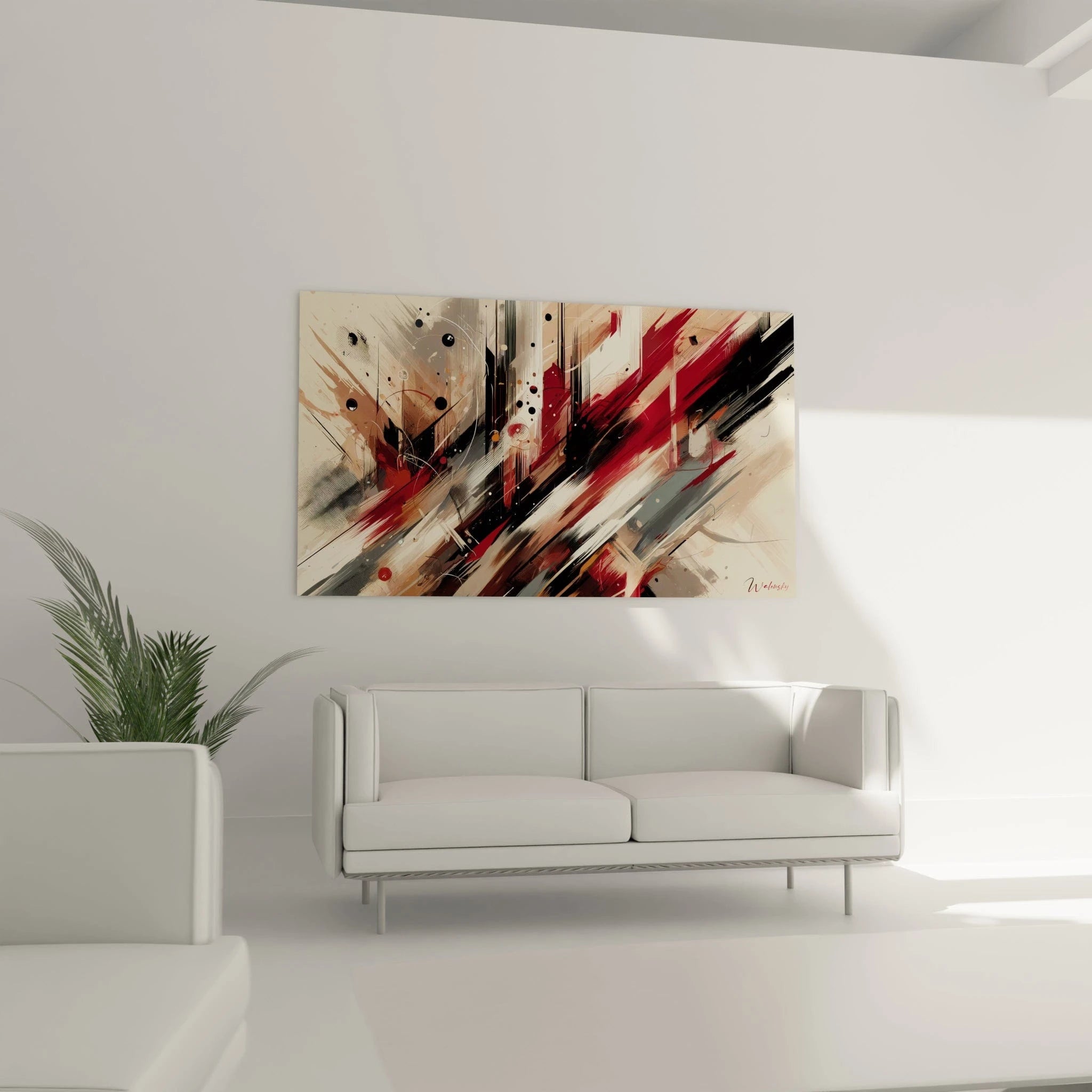 Tableau abstrait à compositions anguleuses. Palette de couleurs contrastées : rouge intense, noir mat, gris ardoise. Texture de traits déstructurés, éclaboussures rondes, intersections de lignes diagonales.