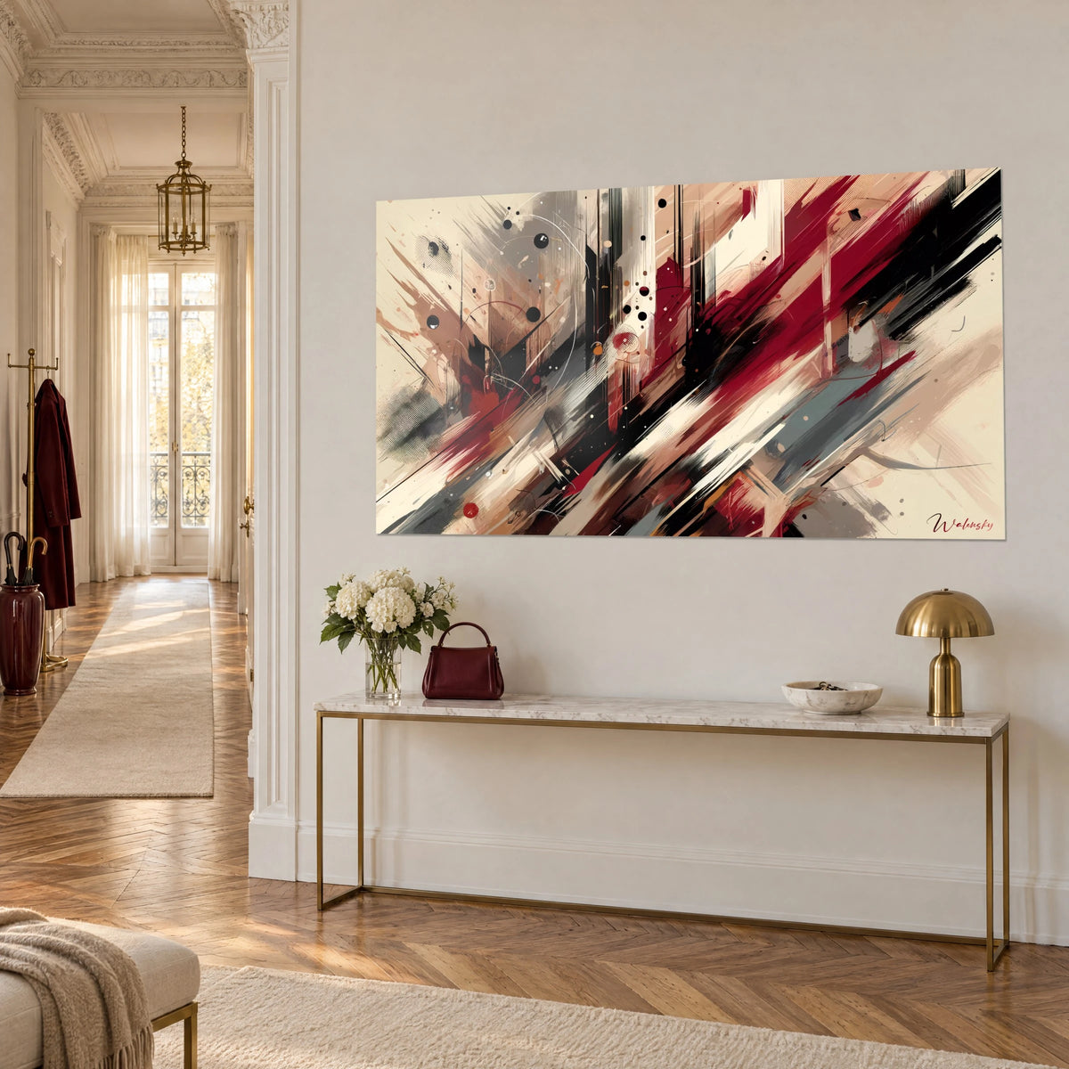 Wall art with crimson, charcoal and rosy beige abstract diagonals and dark splashes, on a Haussmann-style hallway wall
