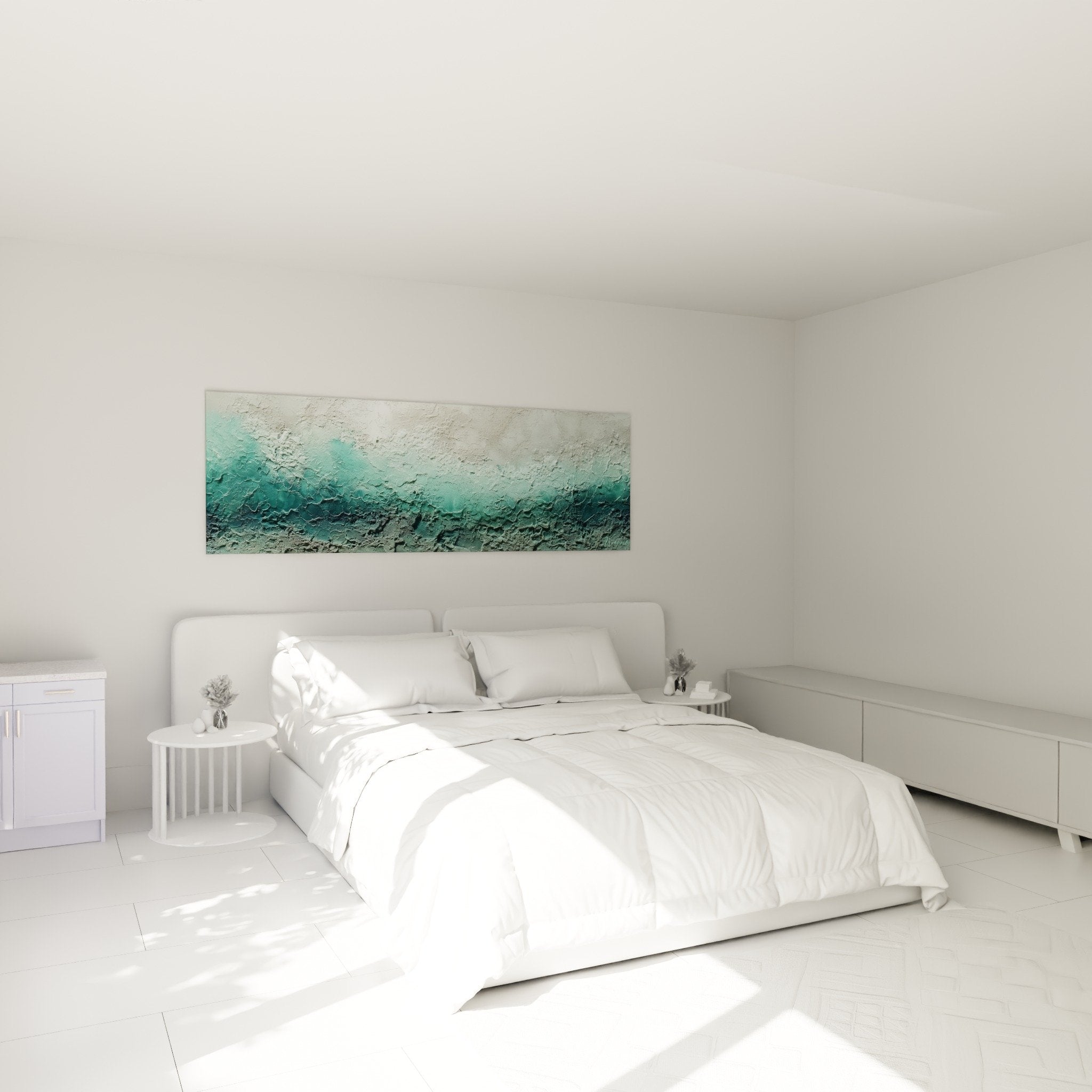 Tableau feng shui nord eau turquoise et blanc dans chambre moderne zen decoration murale