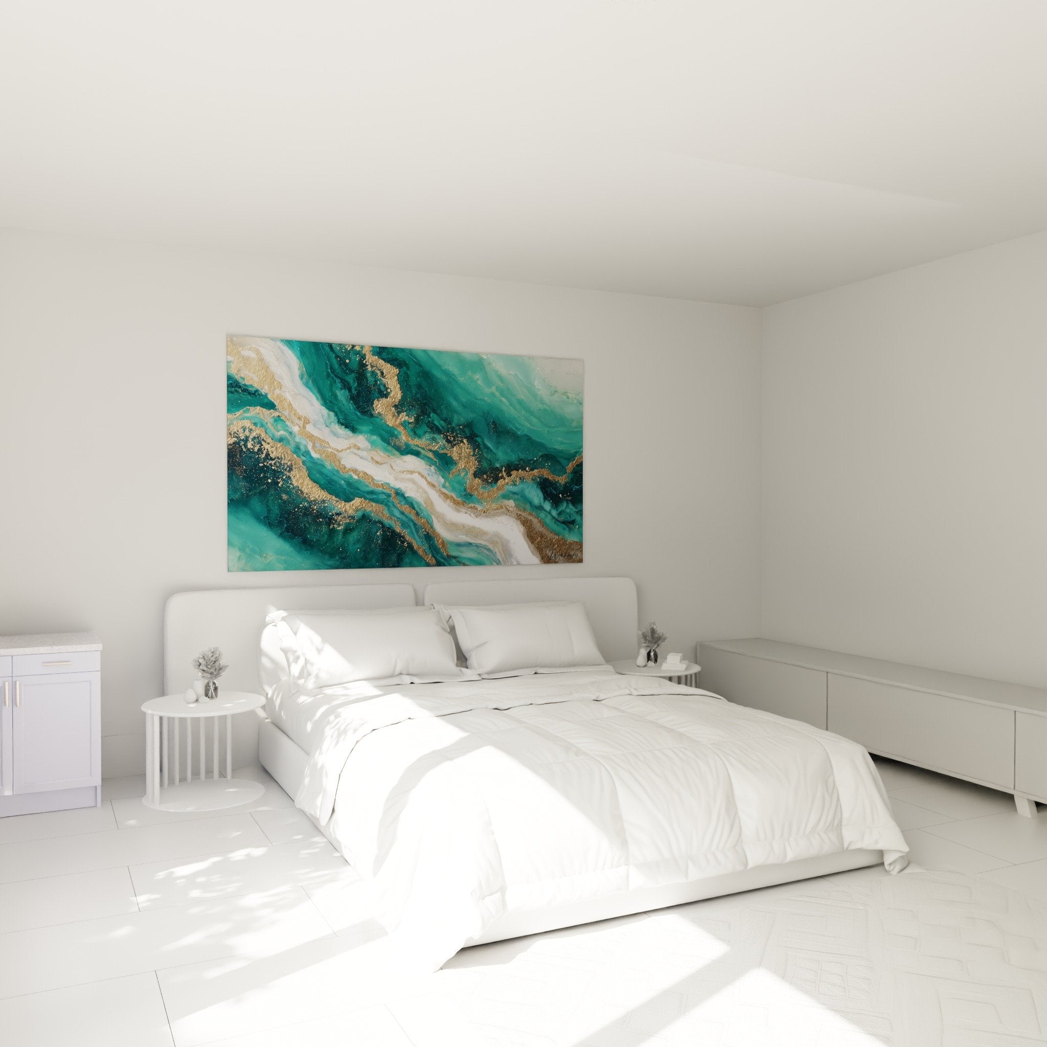 tableau marbre abstrait turquoise dore dans chambre moderne mur blanc decoration contemporaine
