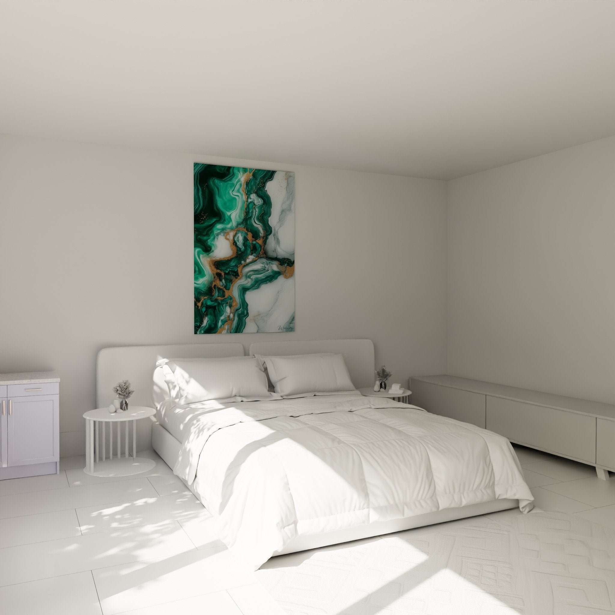 Tableau fluides turquoise et or au dessus lit chambre decoration murale marbre abstrait contemporain