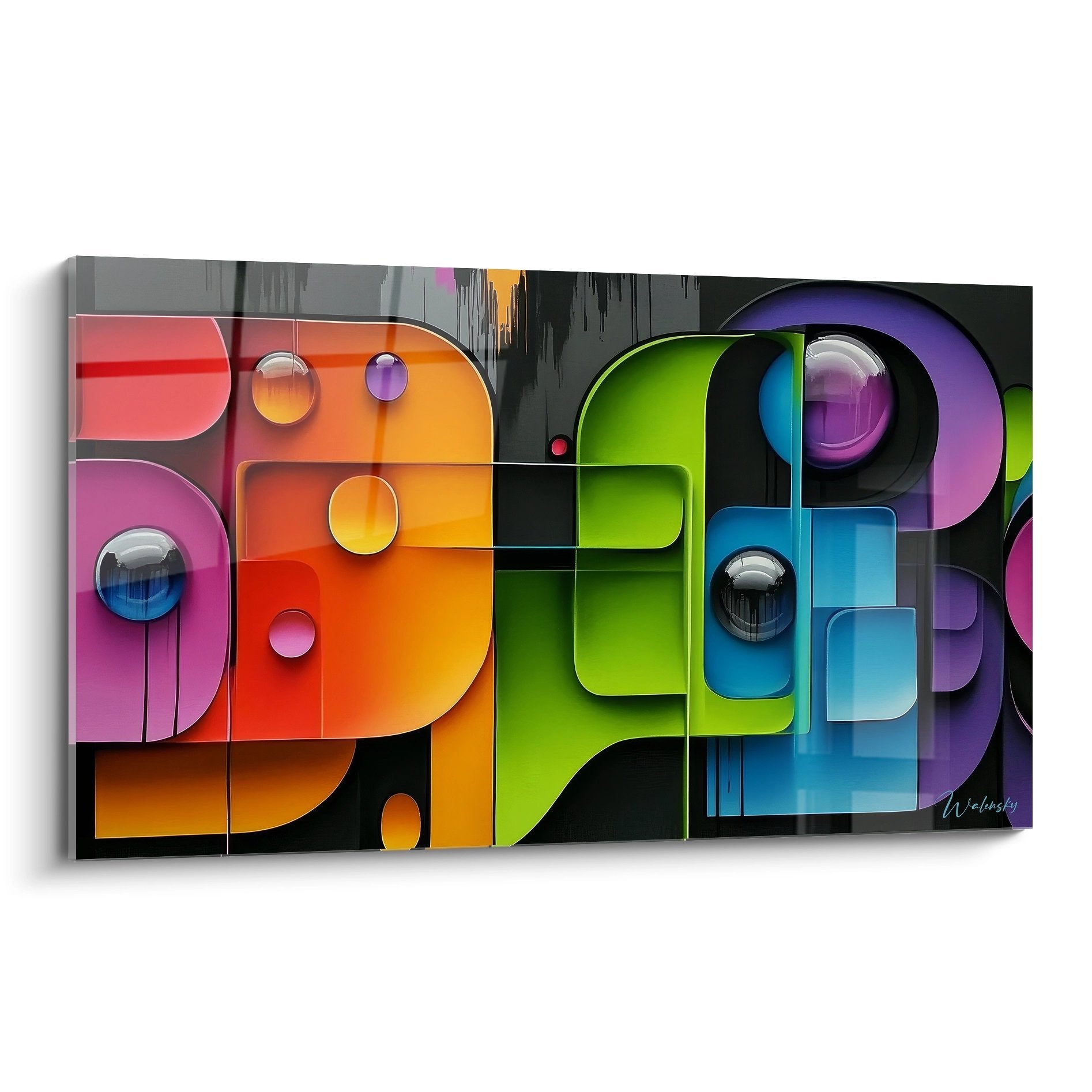 Tableau mural typographie multicolore avec lettres 3D et formes géométriques colorées design moderne