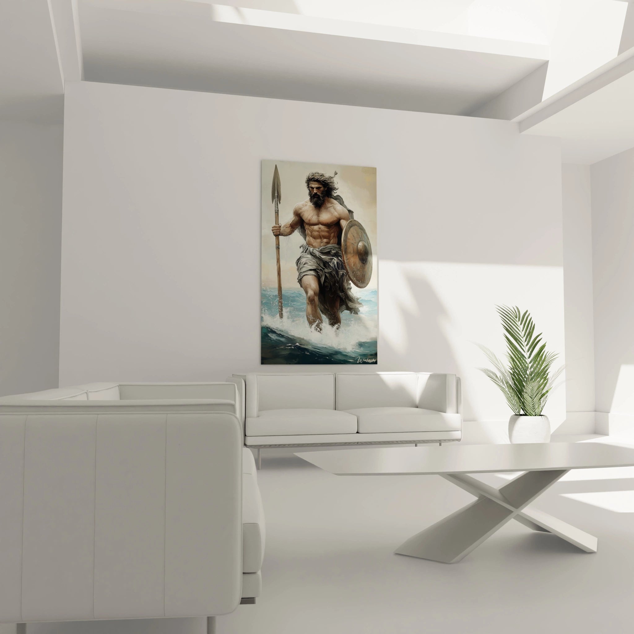 Un tableau Ulysse dépeignant un guerrier grec à la musculature imposante, progressant dans des eaux tumultueuses avec détermination. Les teintes beiges de la peau contrastent avec le bleu de la mer et les gris des textiles, dans un style réaliste détaillé.