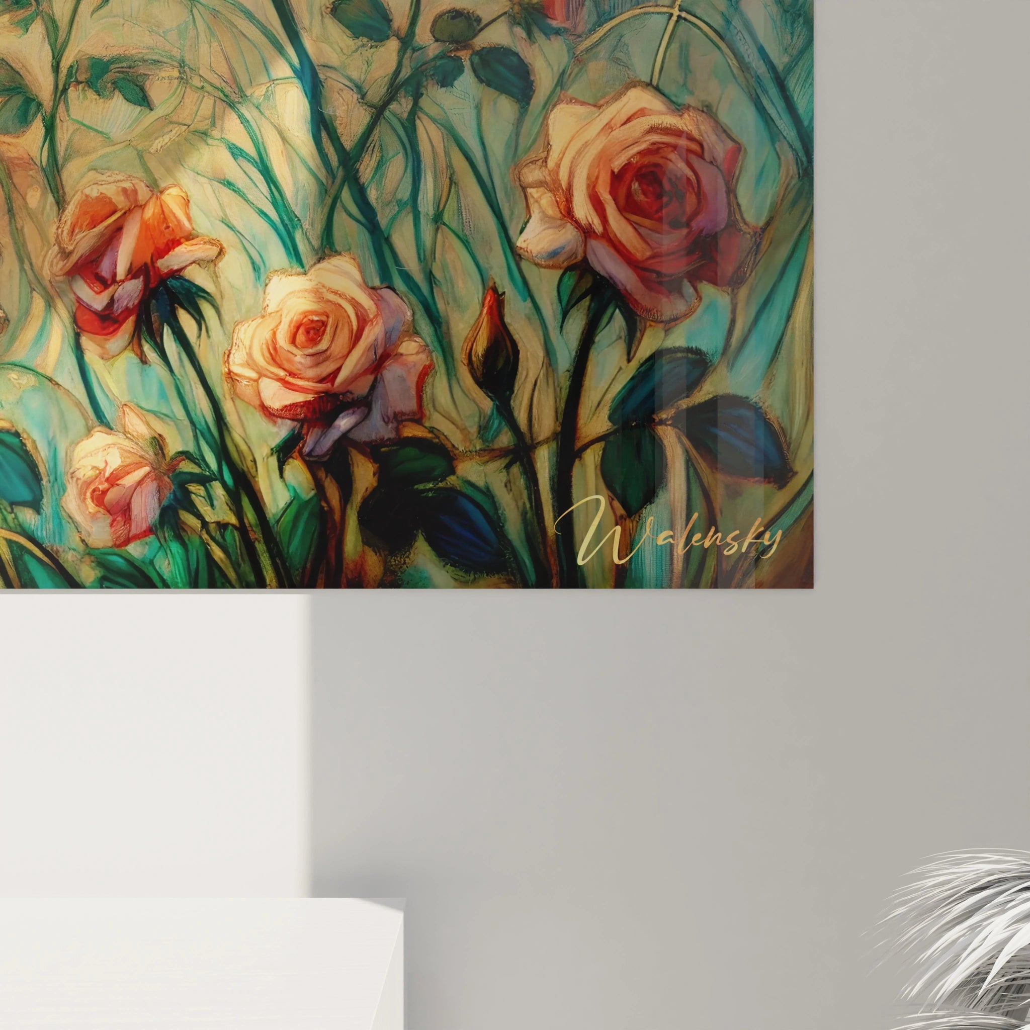 Vue rapprochee de ce tableau romantique qui sublime les details des roses et des couleurs oniriques Une invitation a plonger dans la poesie et la douceur qu il evoque