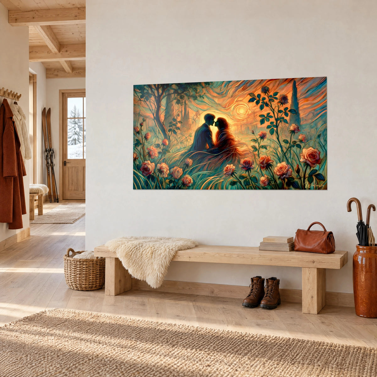 Wall art of a kiss at dusk between two silhouettes, salmon pink and ochre spiral sun, above a bench in a chalet