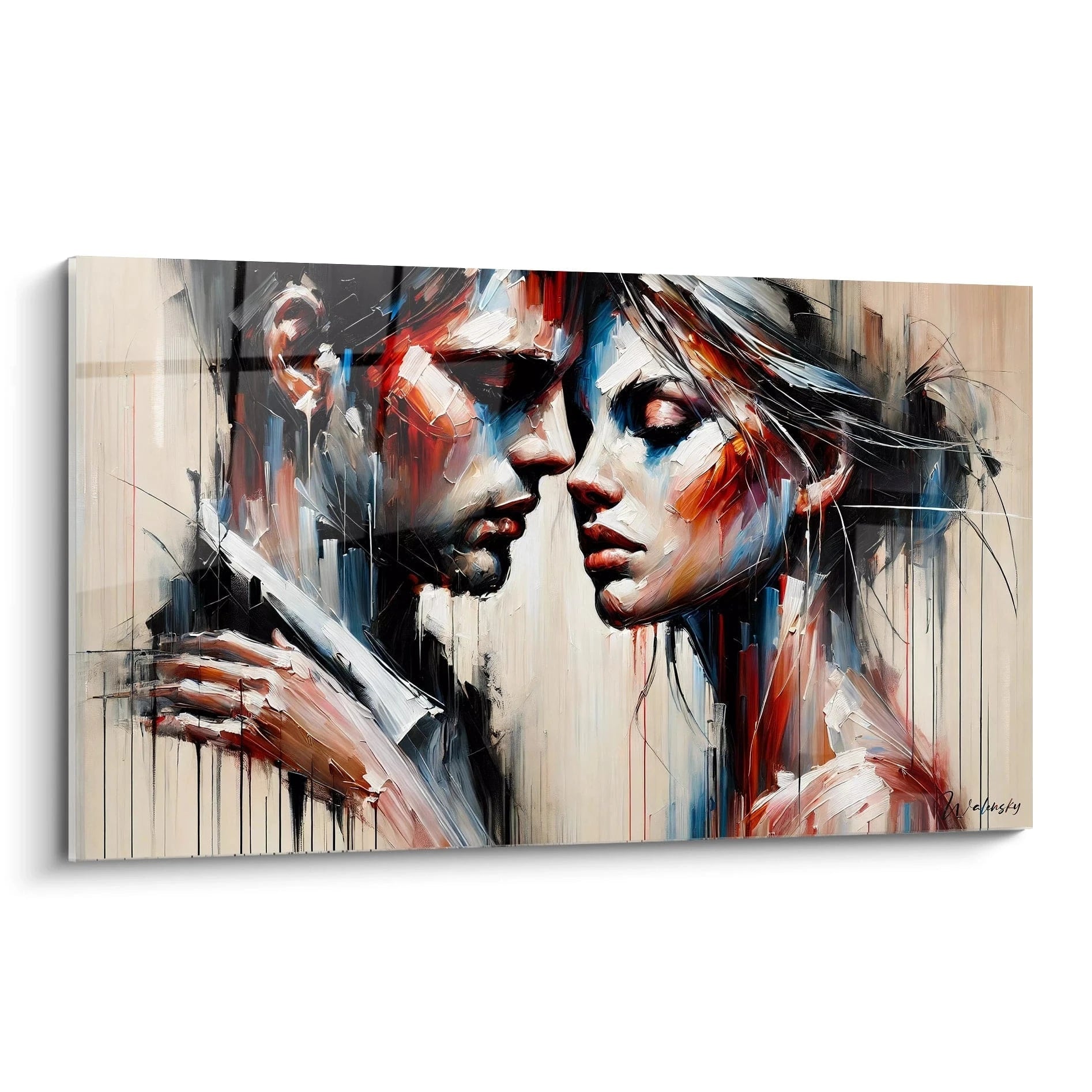 Admirez ce tableau romantique vu de biais, ou l'amour et l'intensité s'expriment a travers des touches abstraites et des couleurs vibrantes. Un chef-d'oeuvre contemporain pour votre espace.