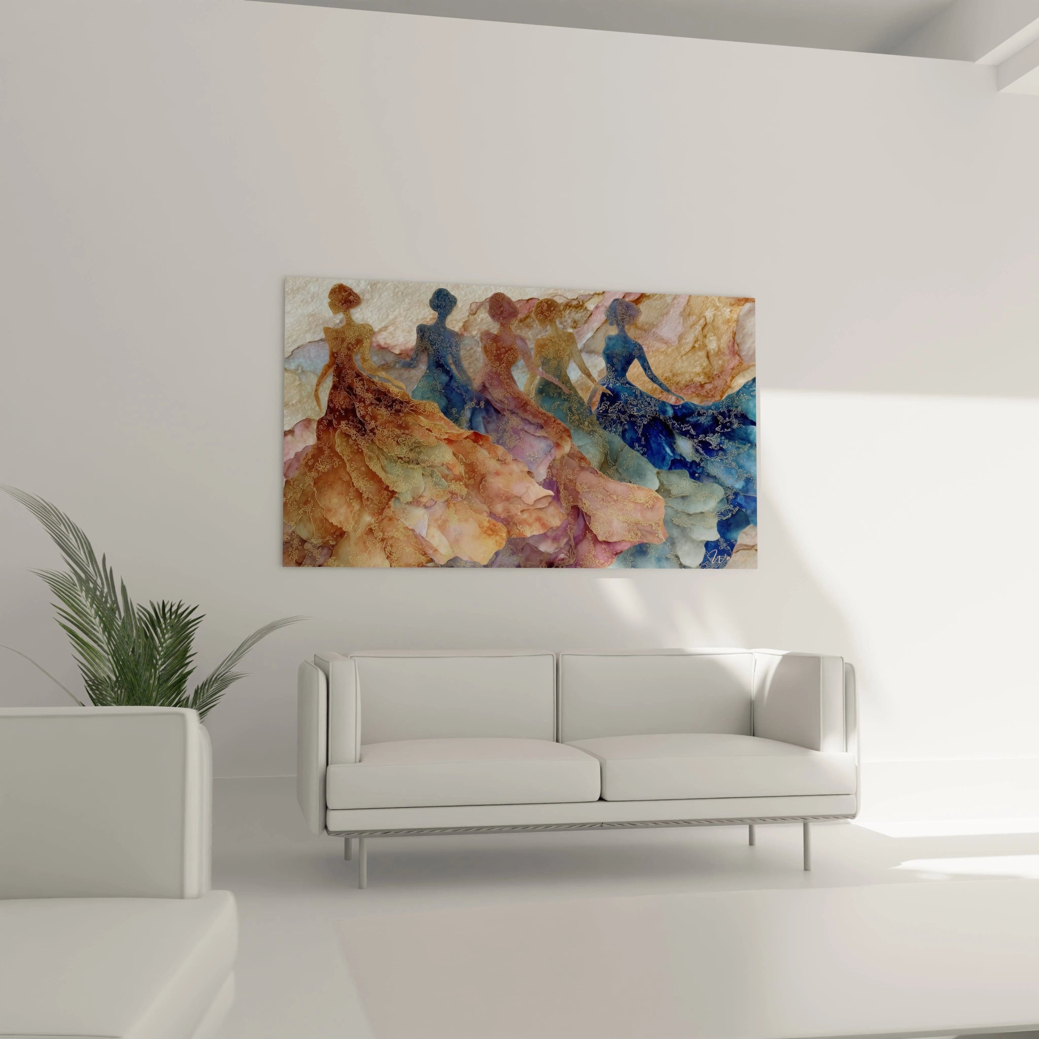 Tableau d'art haute couture représentant des silhouettes de danseuses colorées sur un fond doux