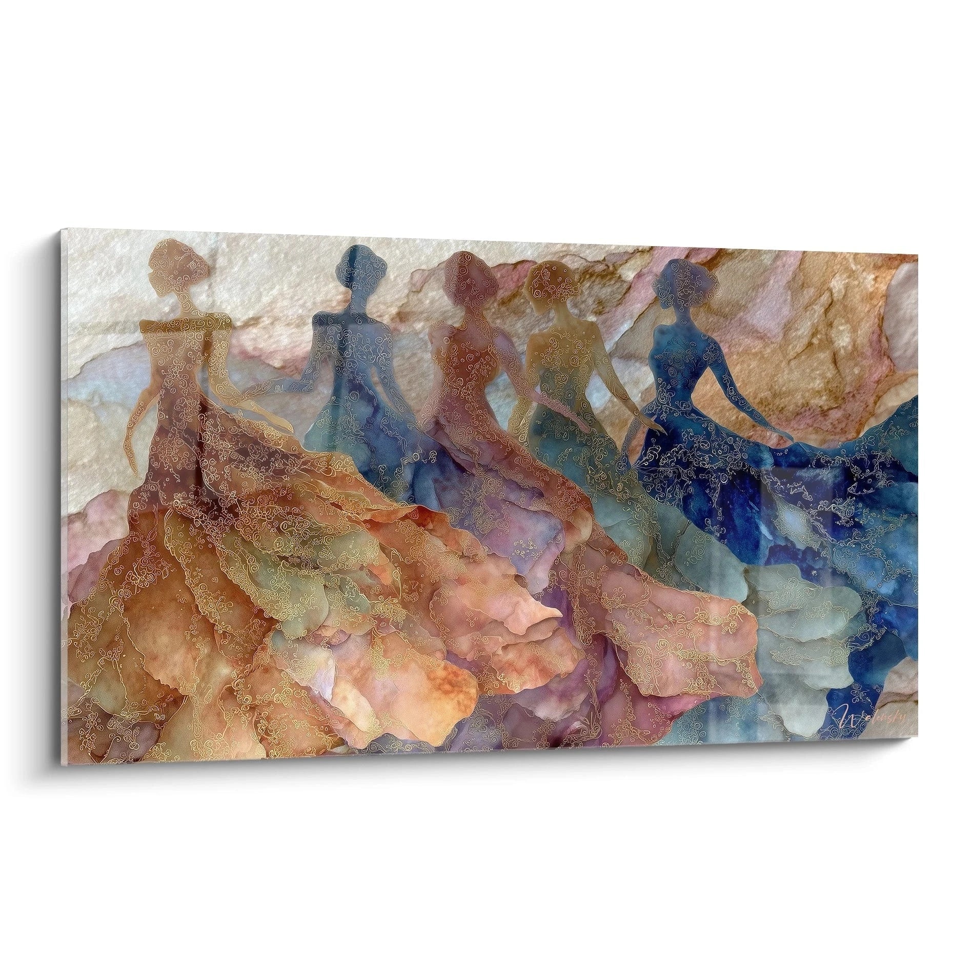 Tableau d'art haute couture représentant des silhouettes de robes colorées sur fond texturé