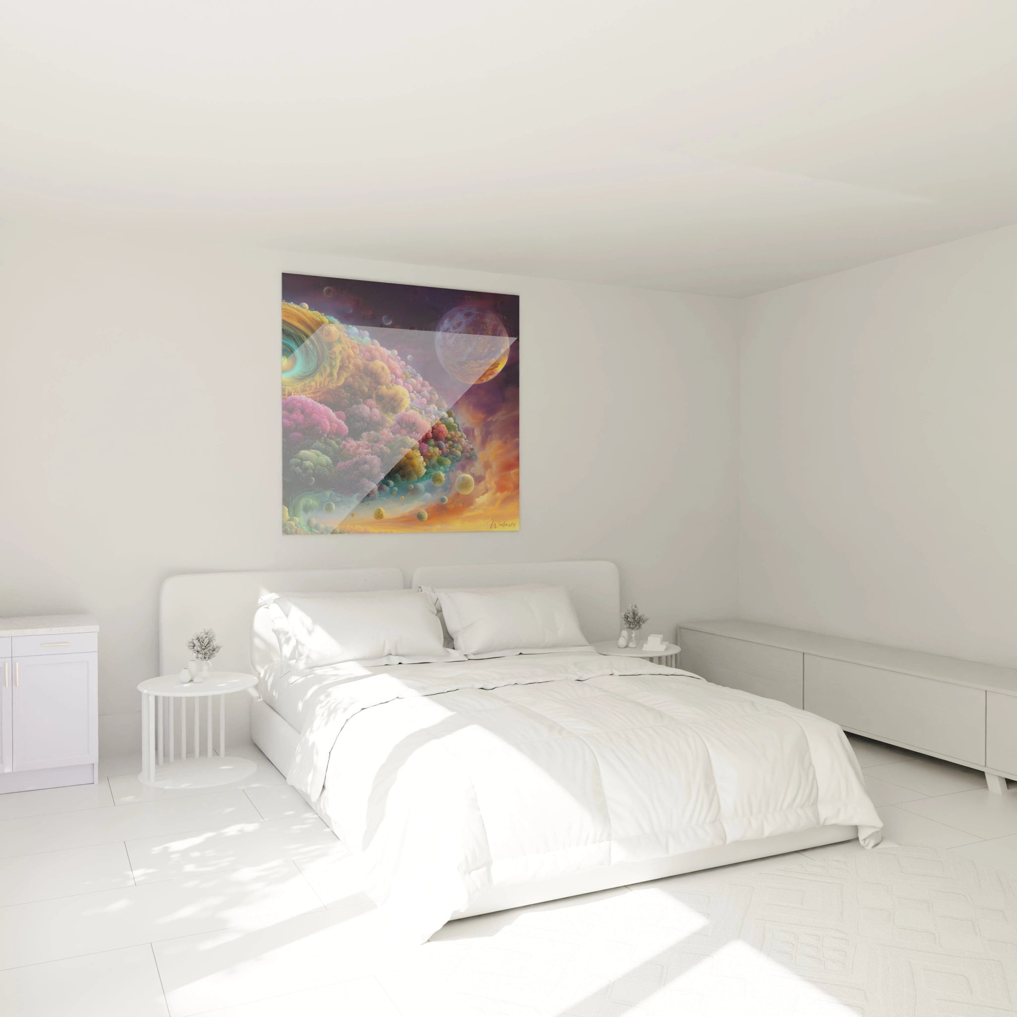 tableau cosmique surréaliste Walensky au dessus du lit blanc minimaliste dans une chambre lumineuse