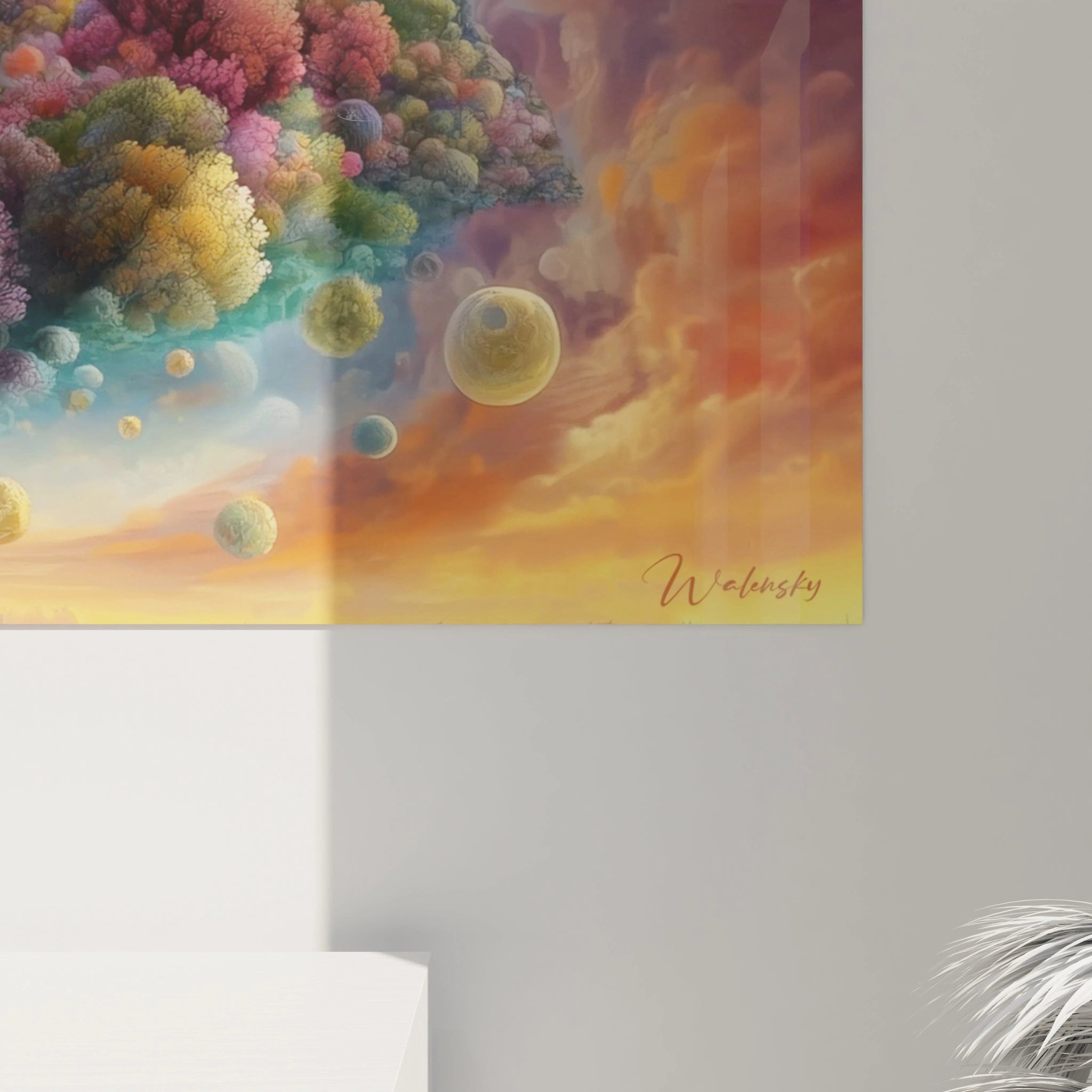 Tableau mural Walensky montrant un tableau cosmique surréaliste coloré avec sphères flottantes et ciel au coucher