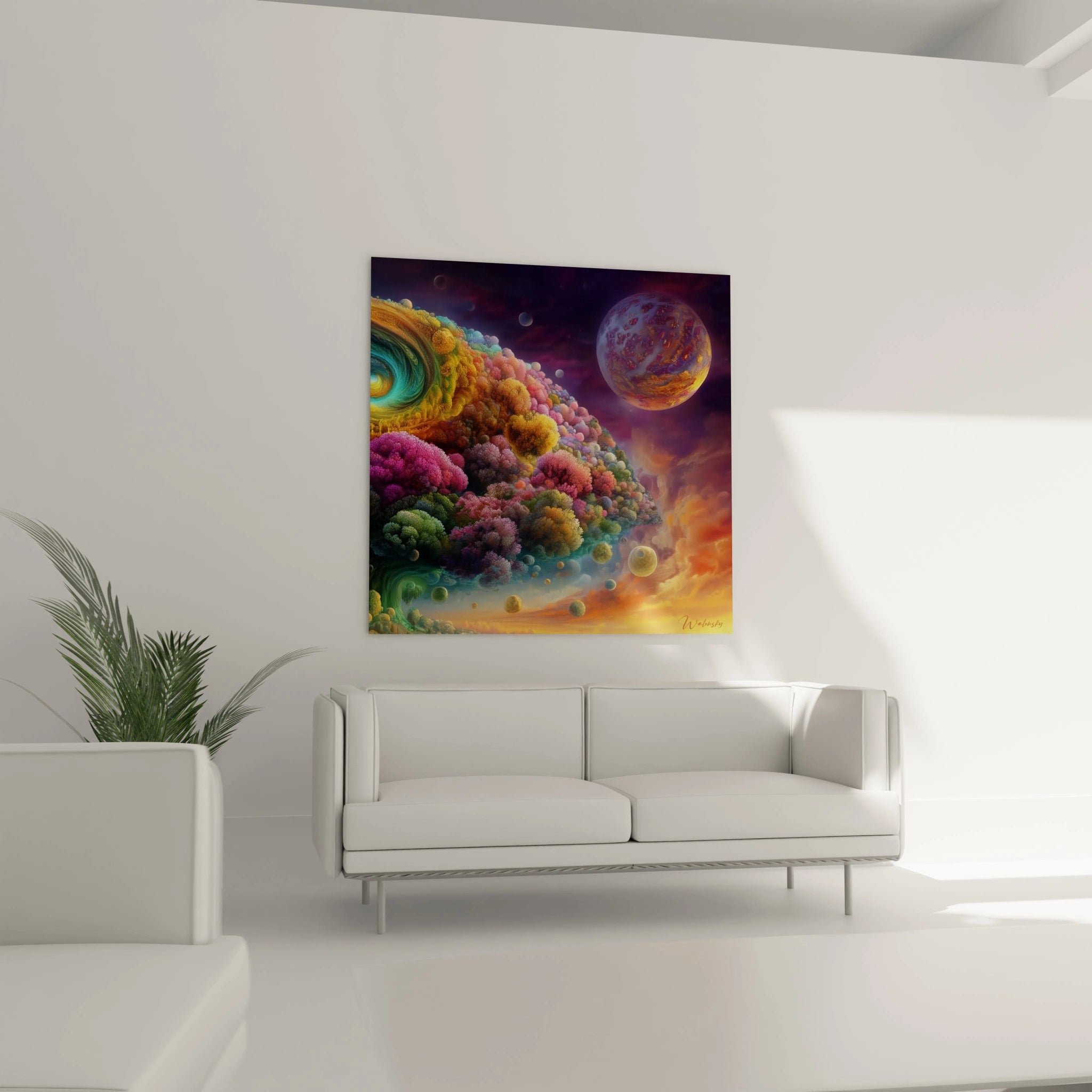 Tableau mural Walensky tableau cosmique surréaliste coloré avec planètes et nuages abstraits au dessus d un canapé