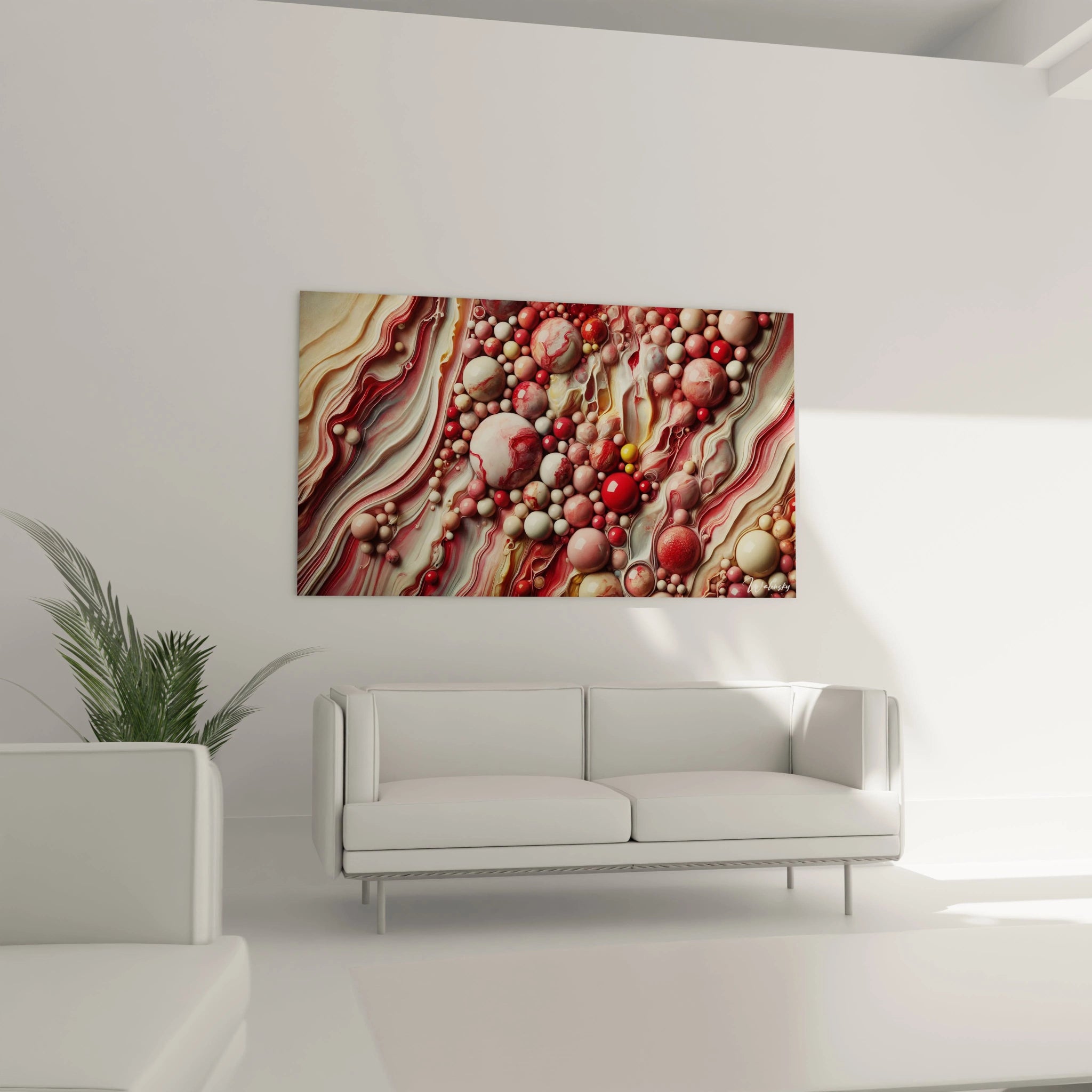 Une composition contemporaine abstraite montrant des sphères polies rouge vif et beige, sur un fond texturé de vagues ondulantes en dégradés de jaune et blanc.