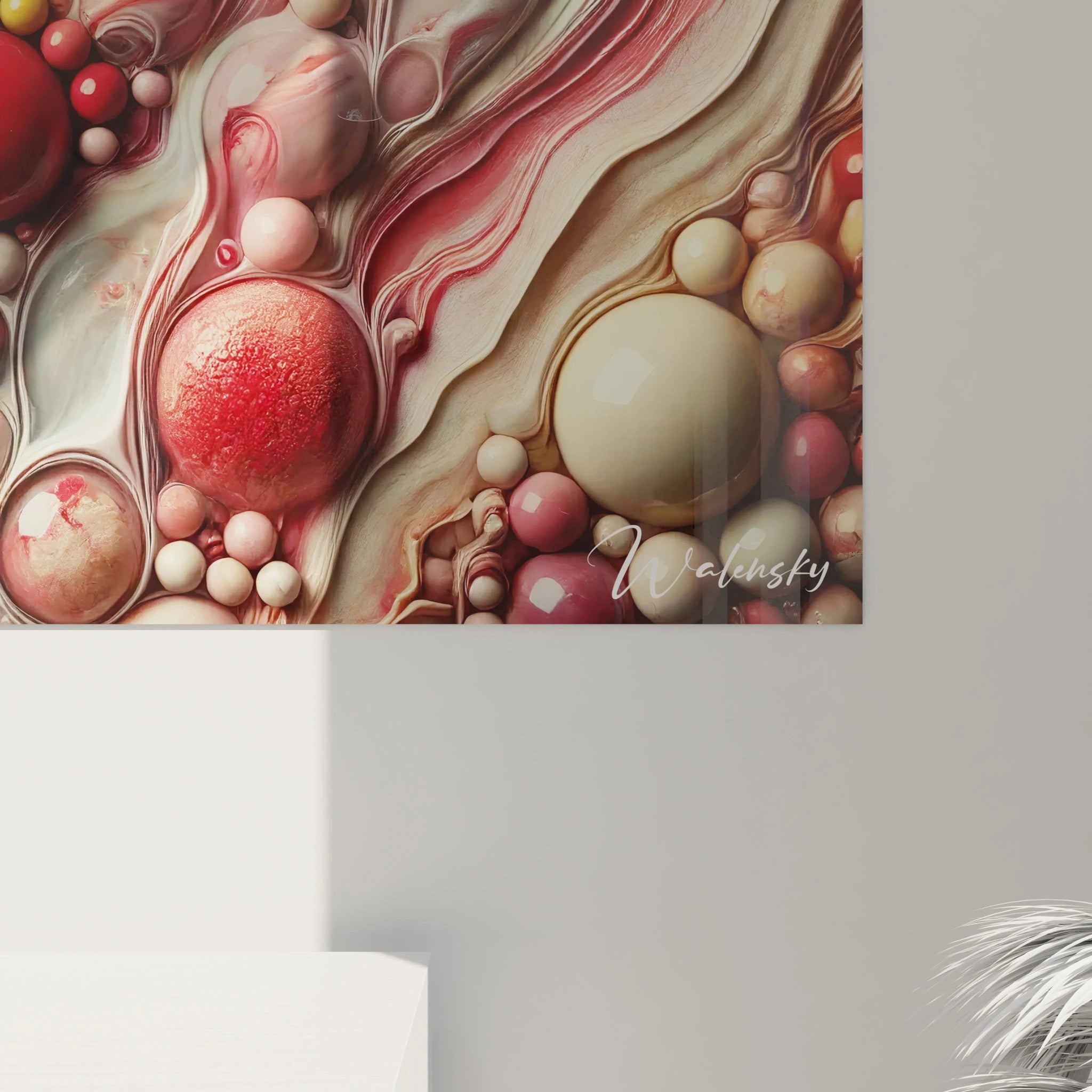 Tableau peinture contemporaine abstrait présentant des sphères lisses, aux teintes rouges et jaunes, intégrées à des courbes fluides et des motifs texturés en nuances de beige et blanc.