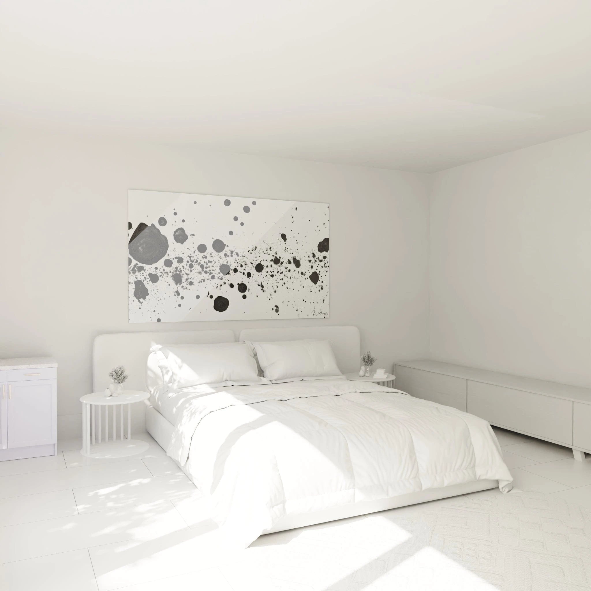 Tableau tacheté noir et blanc Walensky accroché dans une chambre lumineuse et moderne