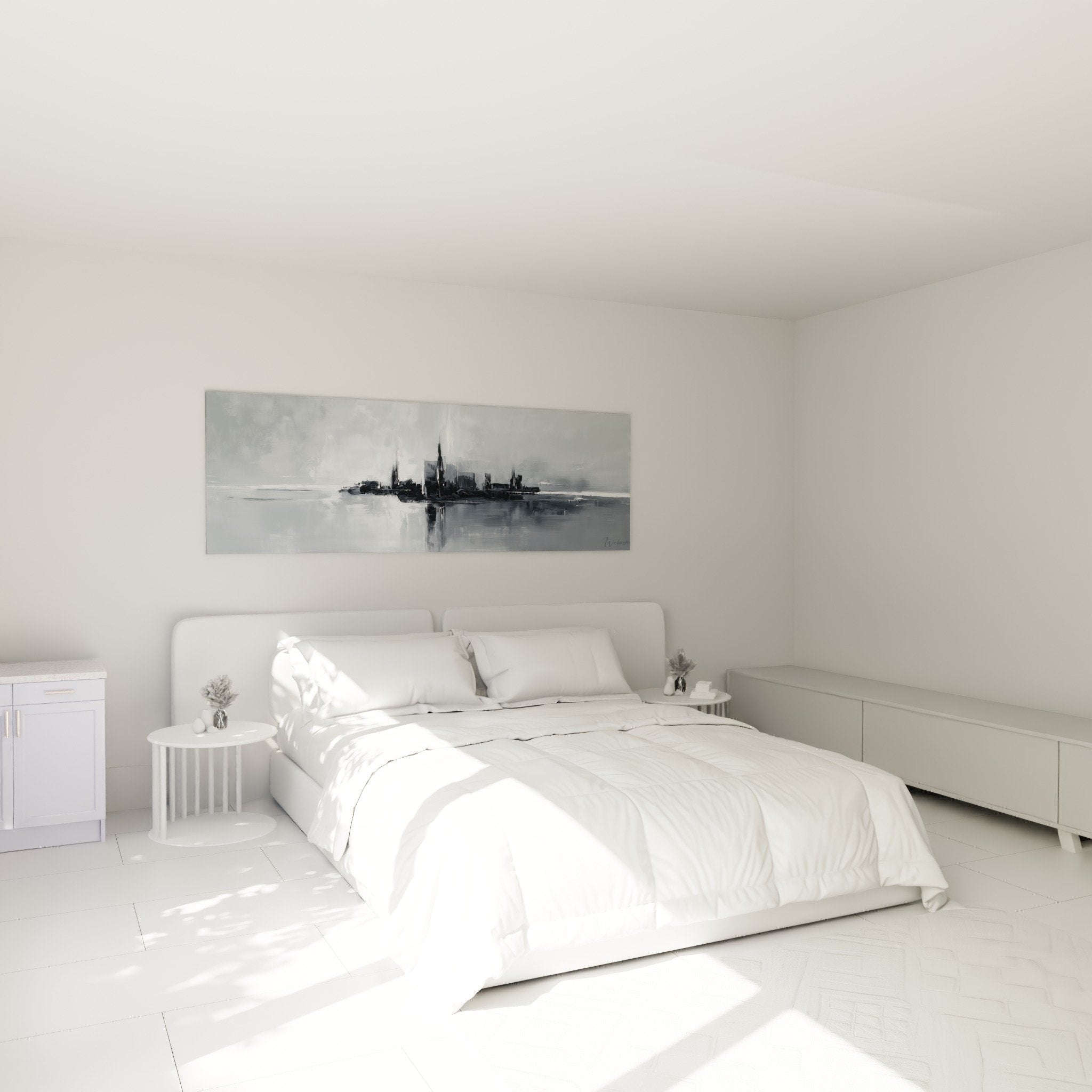 gray urban wall art in modern bedroom feng shui west metal decor zen atmosphere