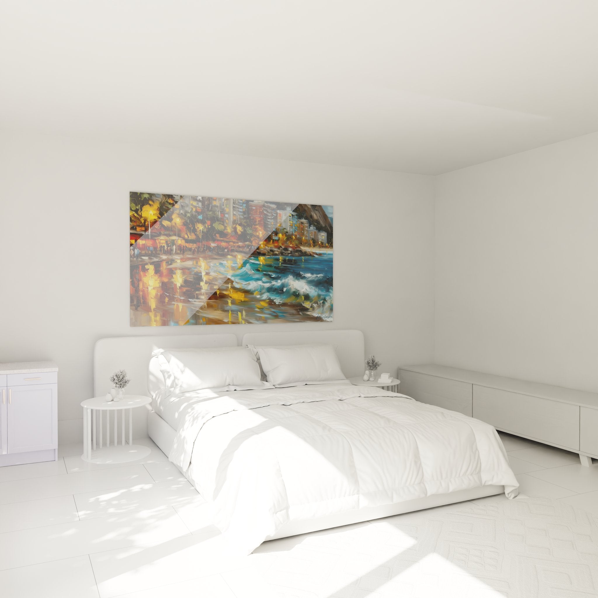 Tableau urbain côtier dans chambre moderne avec lumières dorées reflétées