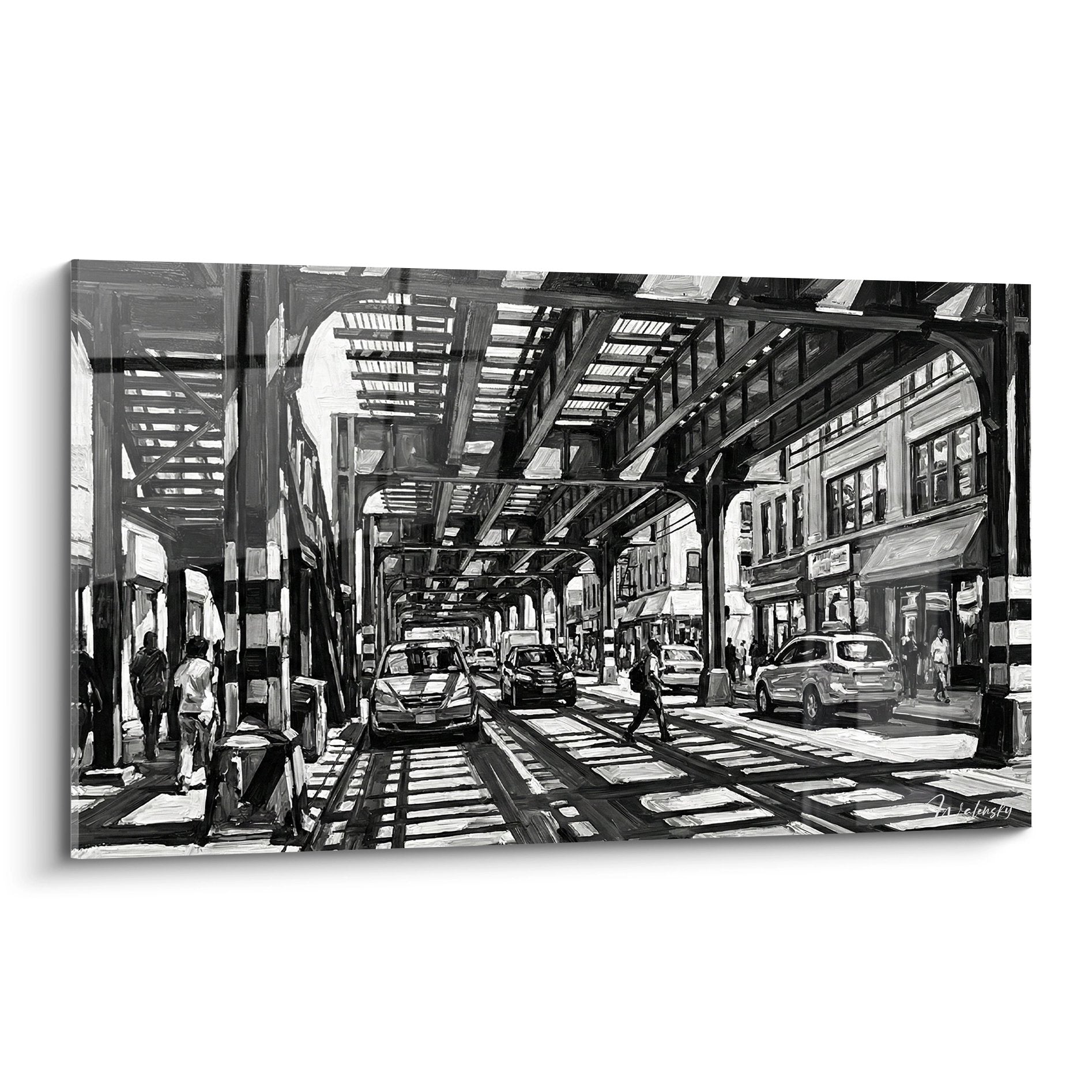 Tableau noir et blanc scene urbaine avec structure metallique et voitures dans rue du Bronx