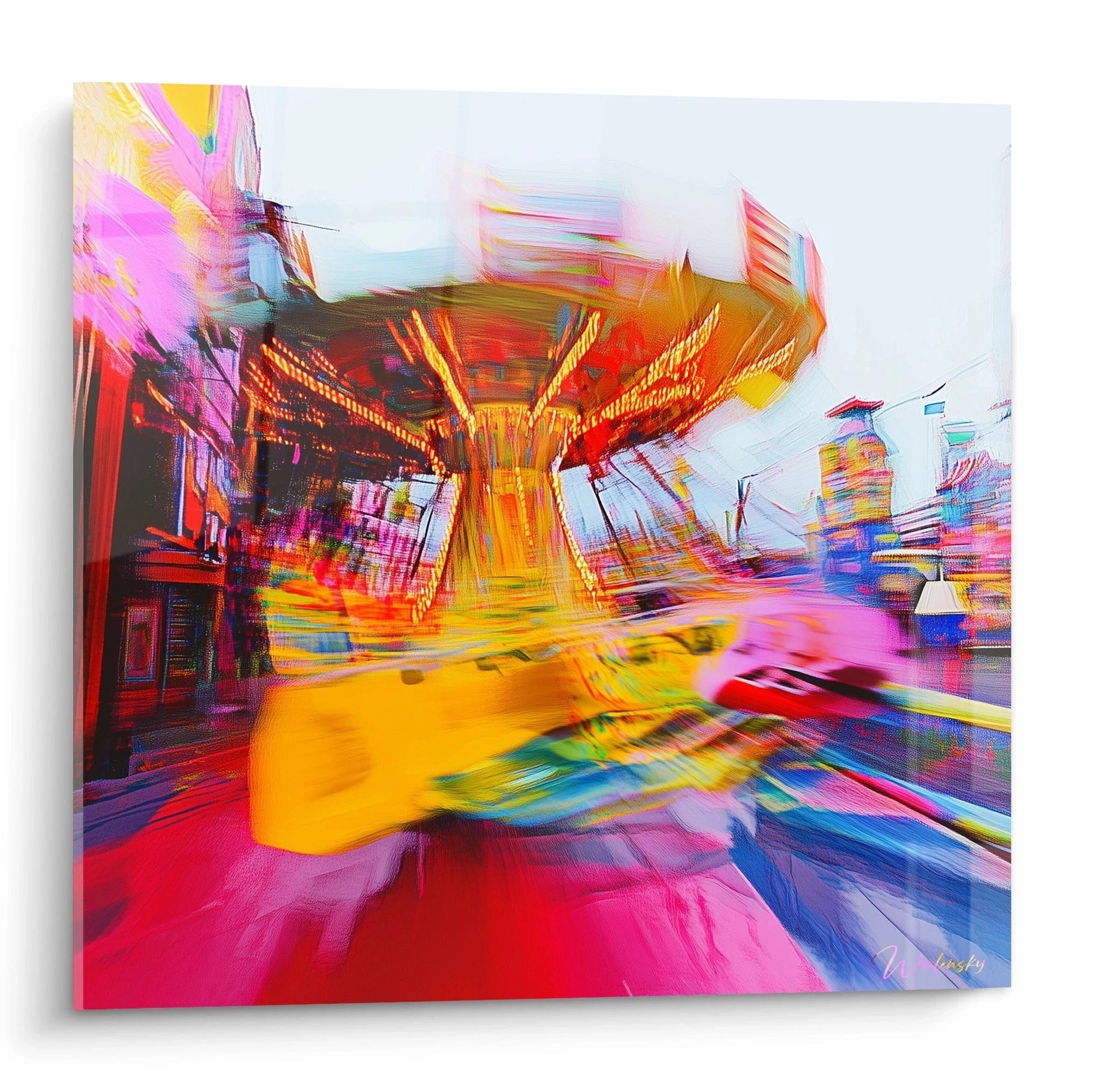 Un tableau artistique représentant un manège urbain en mouvement, avec des traînées de couleurs vives rose, jaune et bleue, créant un effet de flou cinétique sur fond urbain estompé.