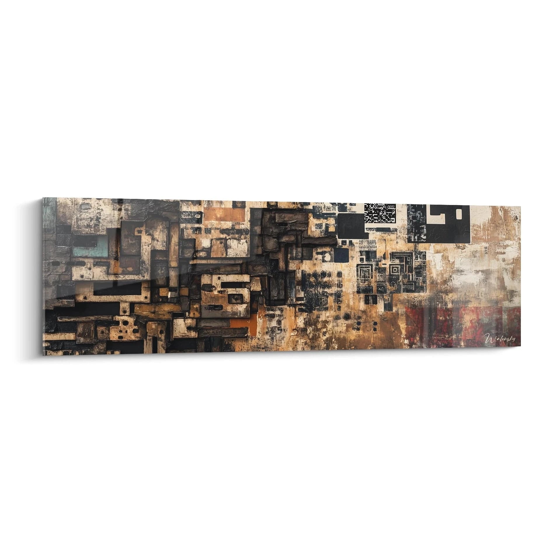 Un tableau abstrait urbain composé de formes géométriques rectangulaires superposées dans des tons marron, noir et beige, avec une texture stratifiée évoquant des éléments architecturaux et des surfaces urbaines patinées par le temps.