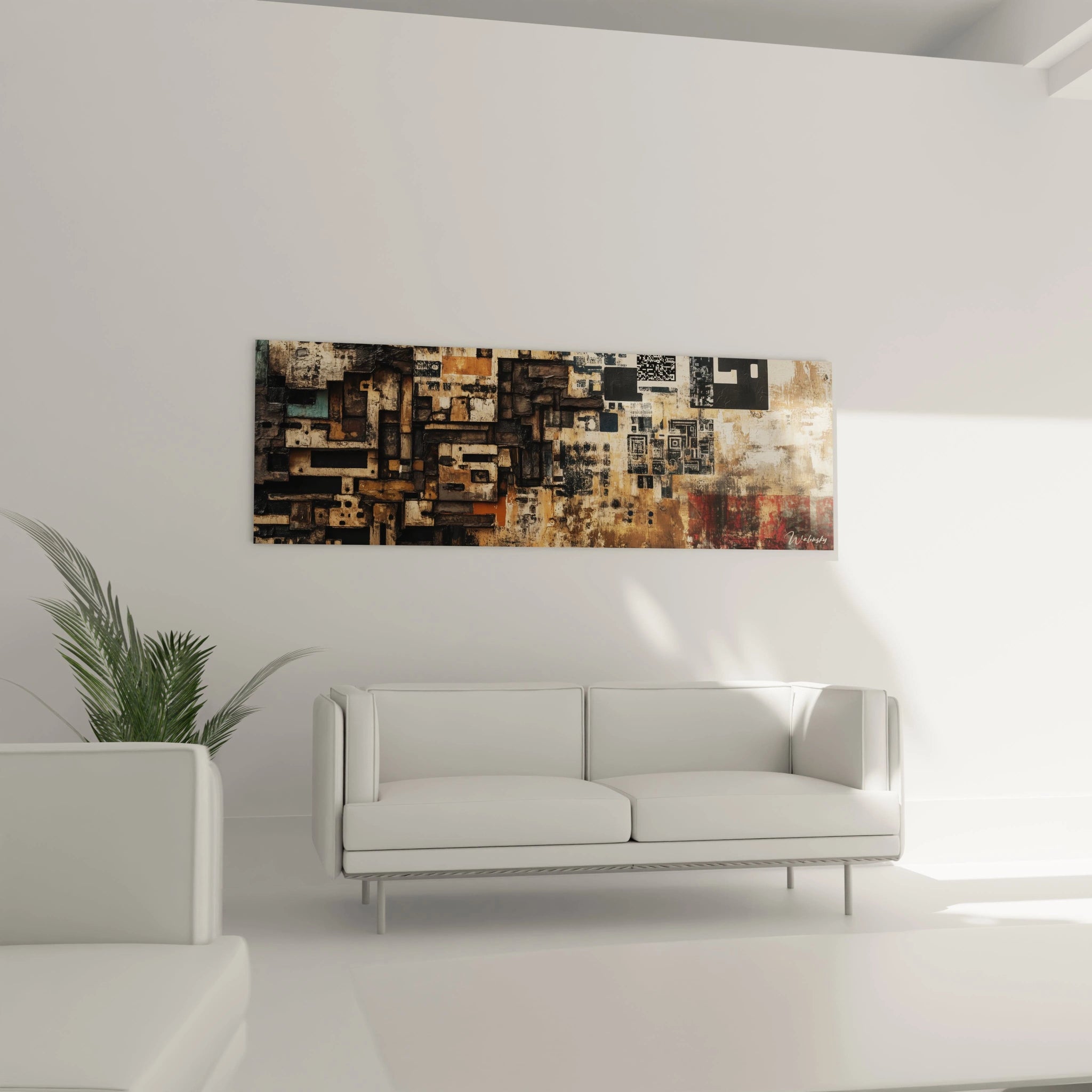 Un tableau géométrique urbain allongé horizontalement, combinant des formes rectangulaires dans des nuances de brun, beige et noir, avec des textures rugueuses et lisses alternées qui évoquent des matériaux de construction usés.