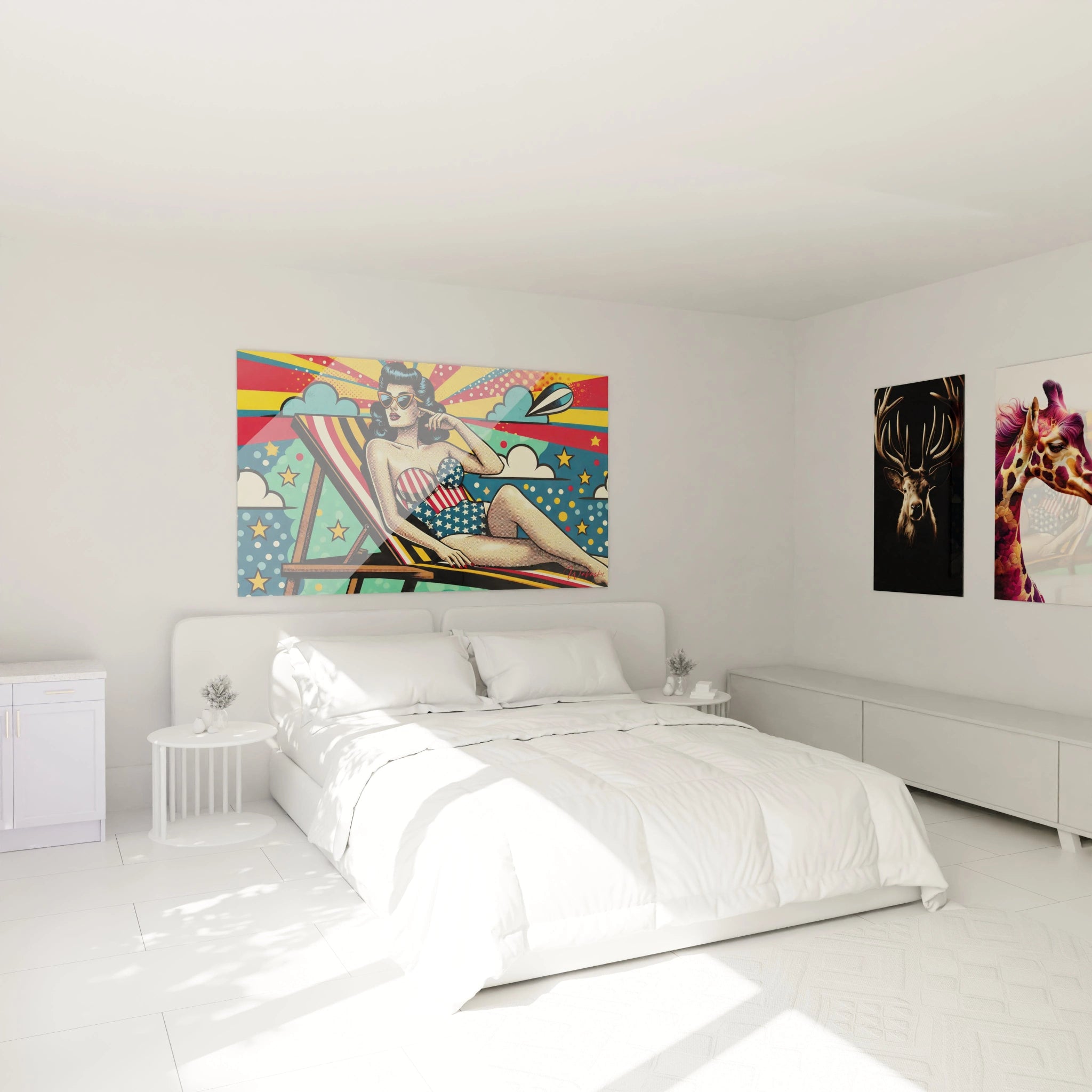 "Chambre élégante avec tableau en verre acrylique Pop Art / Rétro au-dessus du lit, ajoutant une touche artistique moderne. Décoration murale design pour chambre à coucher."