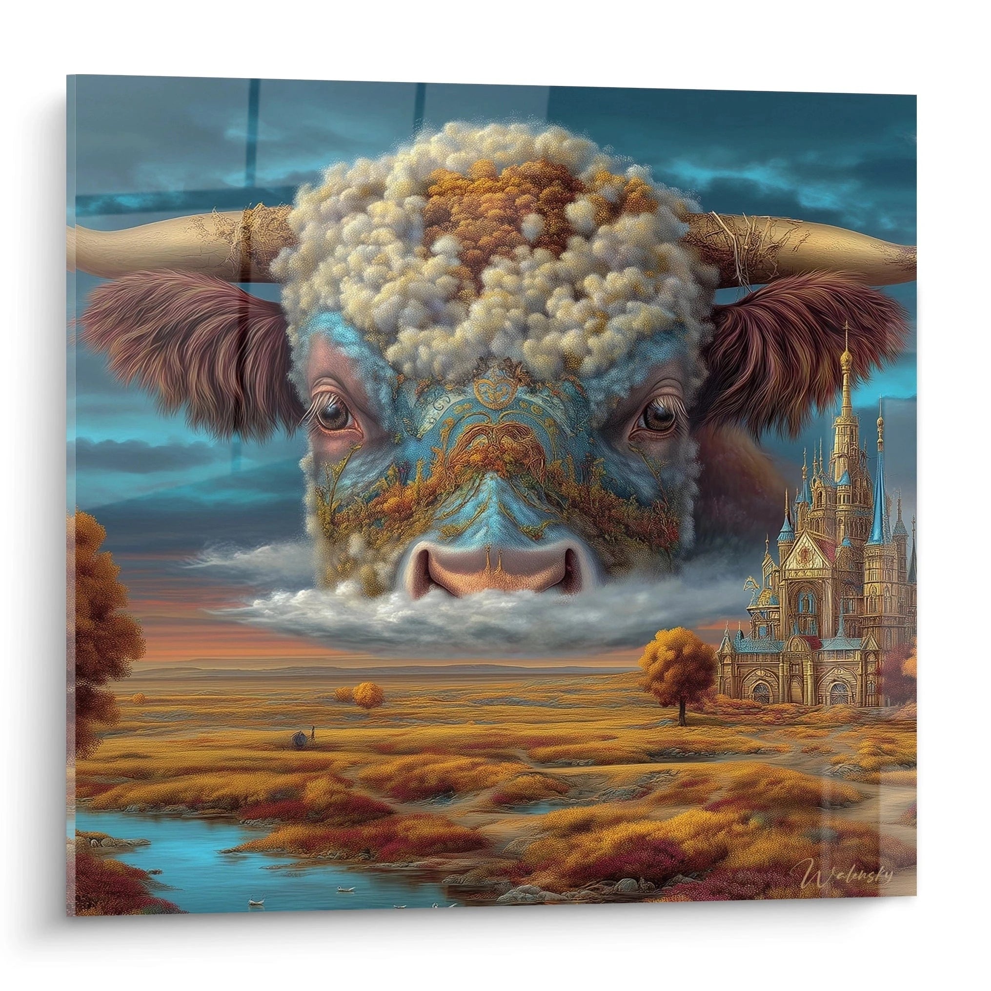 tableau vache surréaliste Walensky peinture murale tête de vache flottante ornementée château paysage automnal