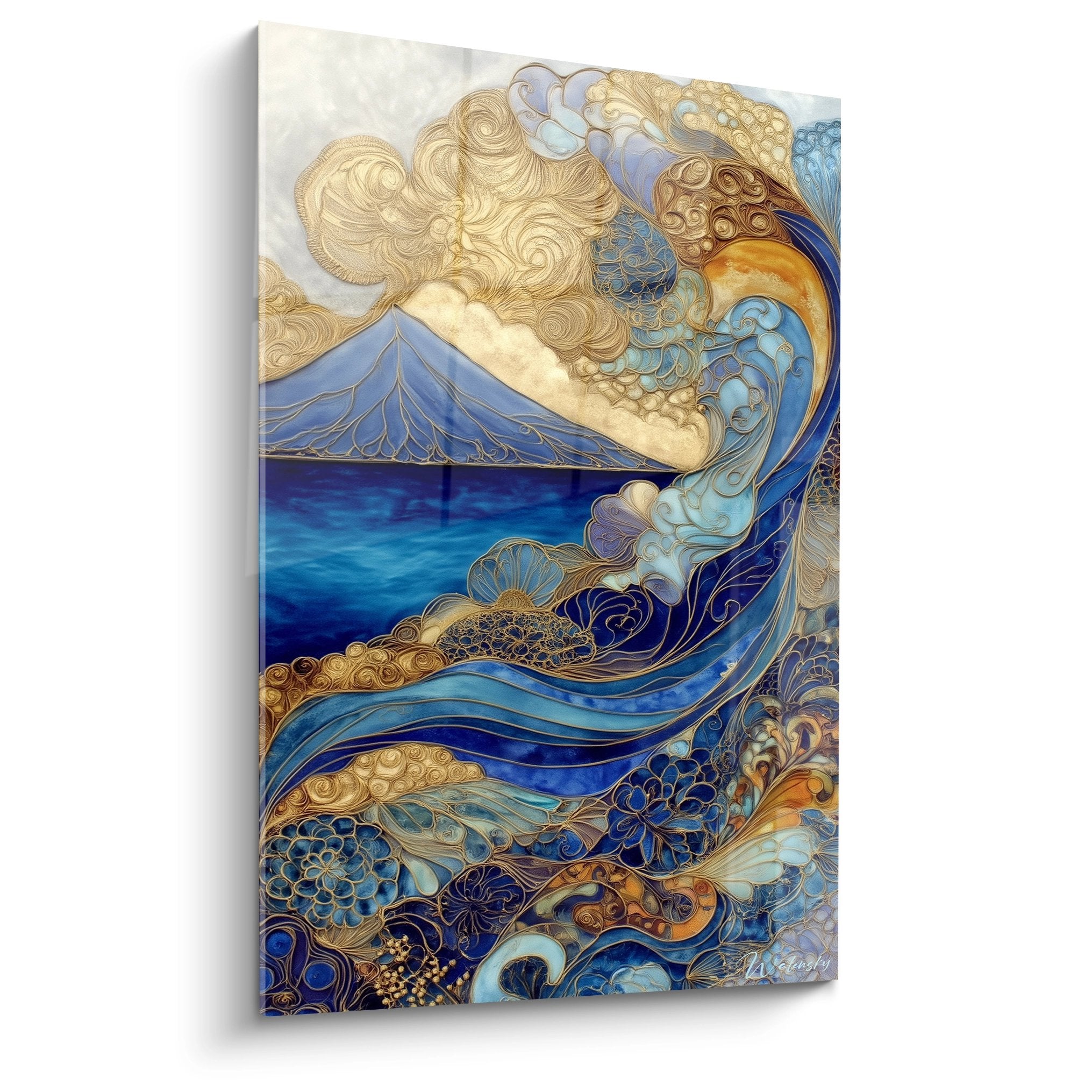 Tableau mural vague art nouveau aux motifs dorés et bleus, style décoratif japonisant pour décoration intérieure