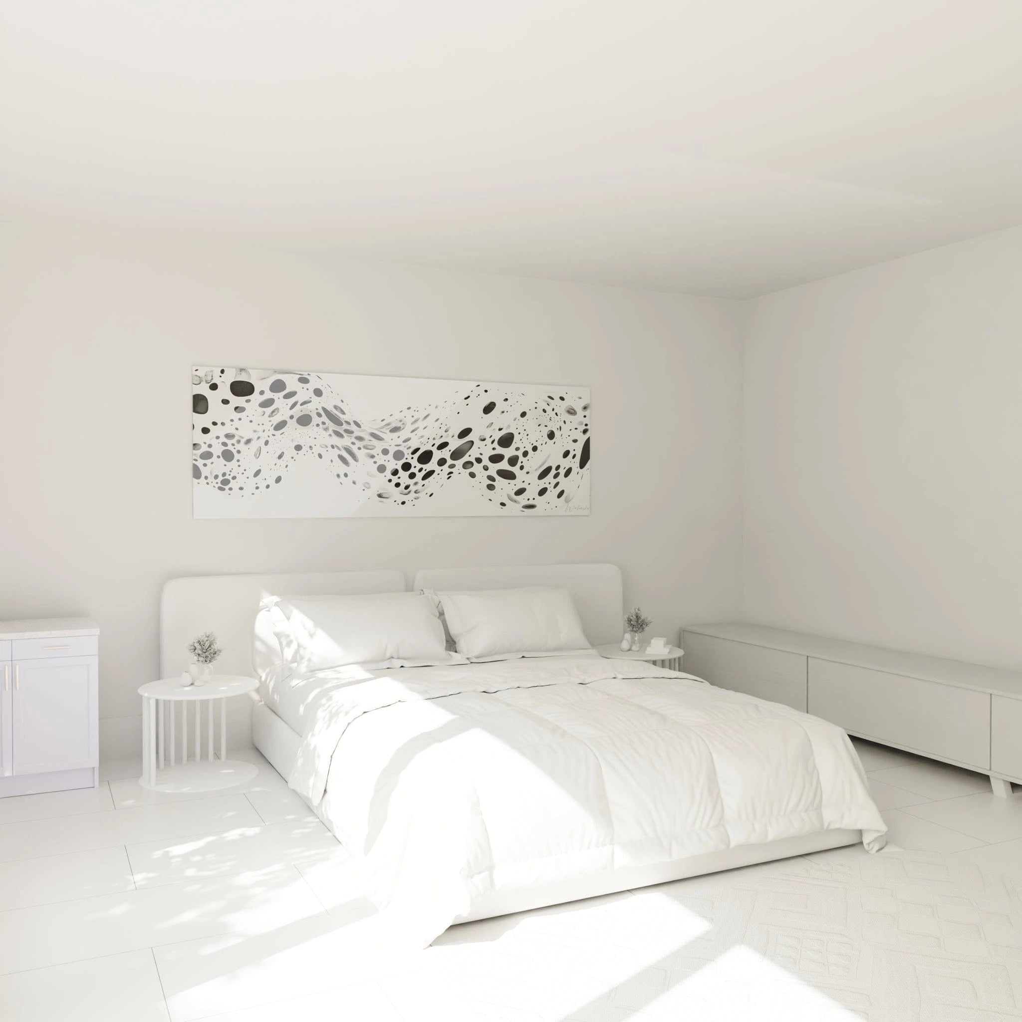 Tableau tacheté noir et blanc Walensky sur un mur dans une chambre lumineuse et moderne