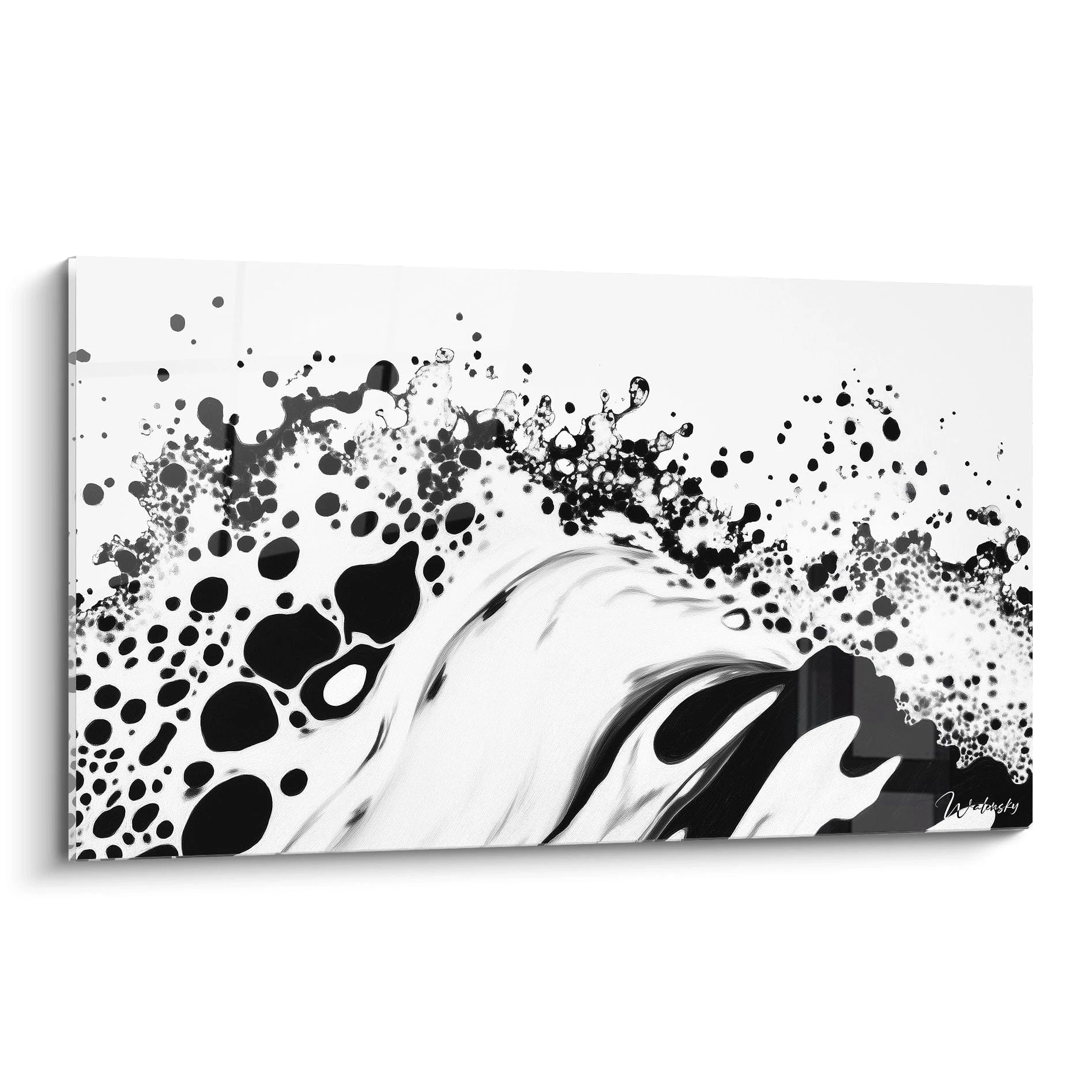 Tableau tacheté noir et blanc de Walensky avec un motif abstrait fluide et dynamique
